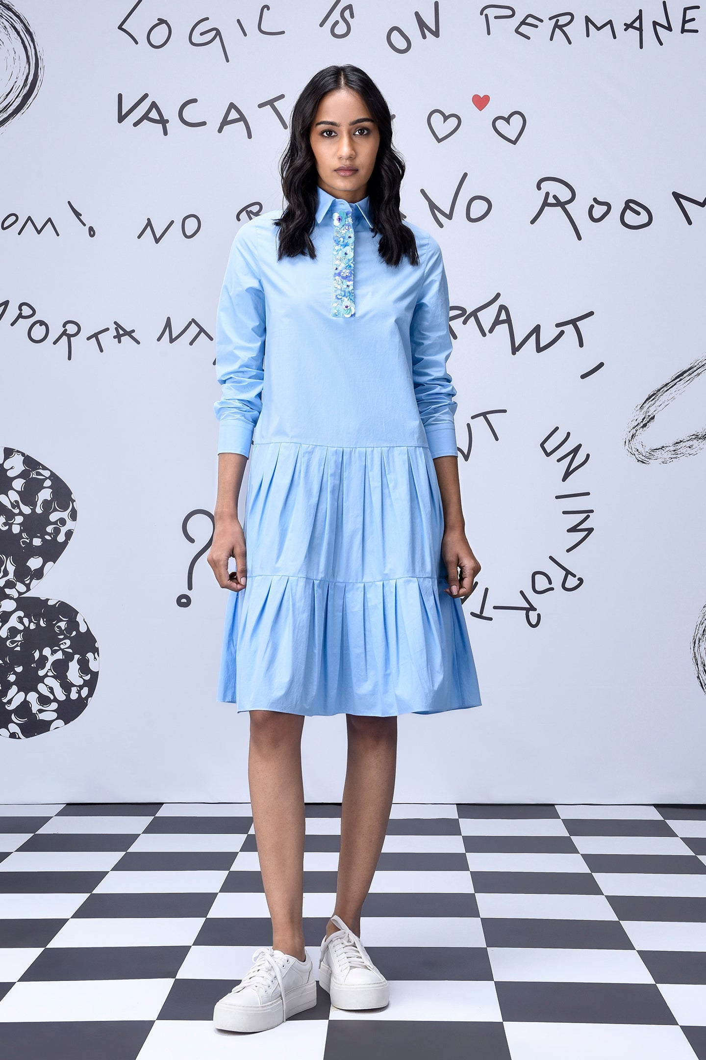 Sequin Placket Relax Fit Dress- Light Blue