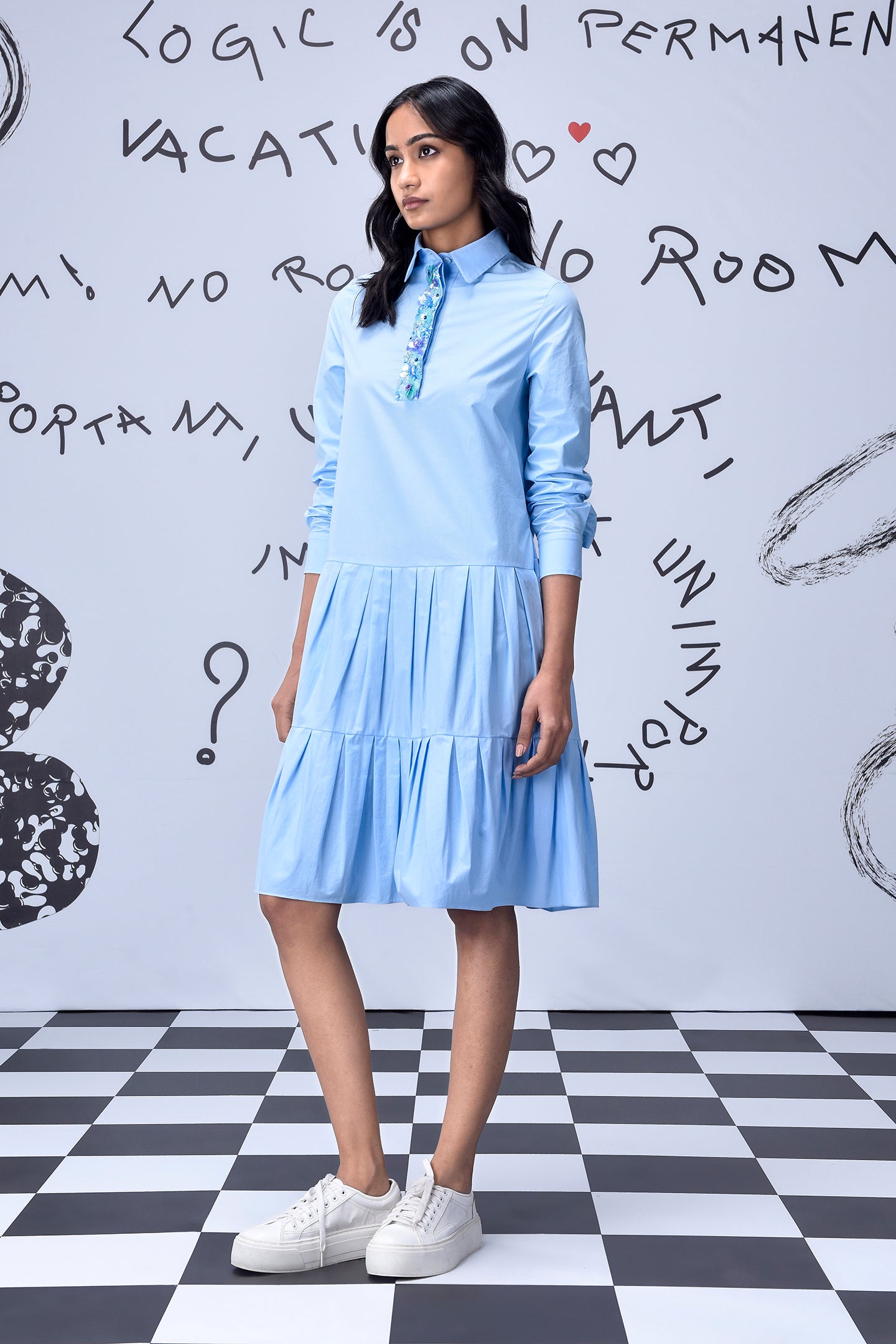 Sequin Placket Relax Fit Dress- Light Blue