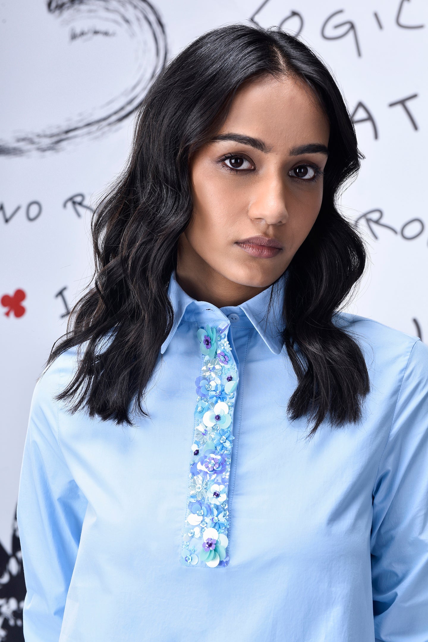 Sequin Placket Relax Fit Dress- Light Blue