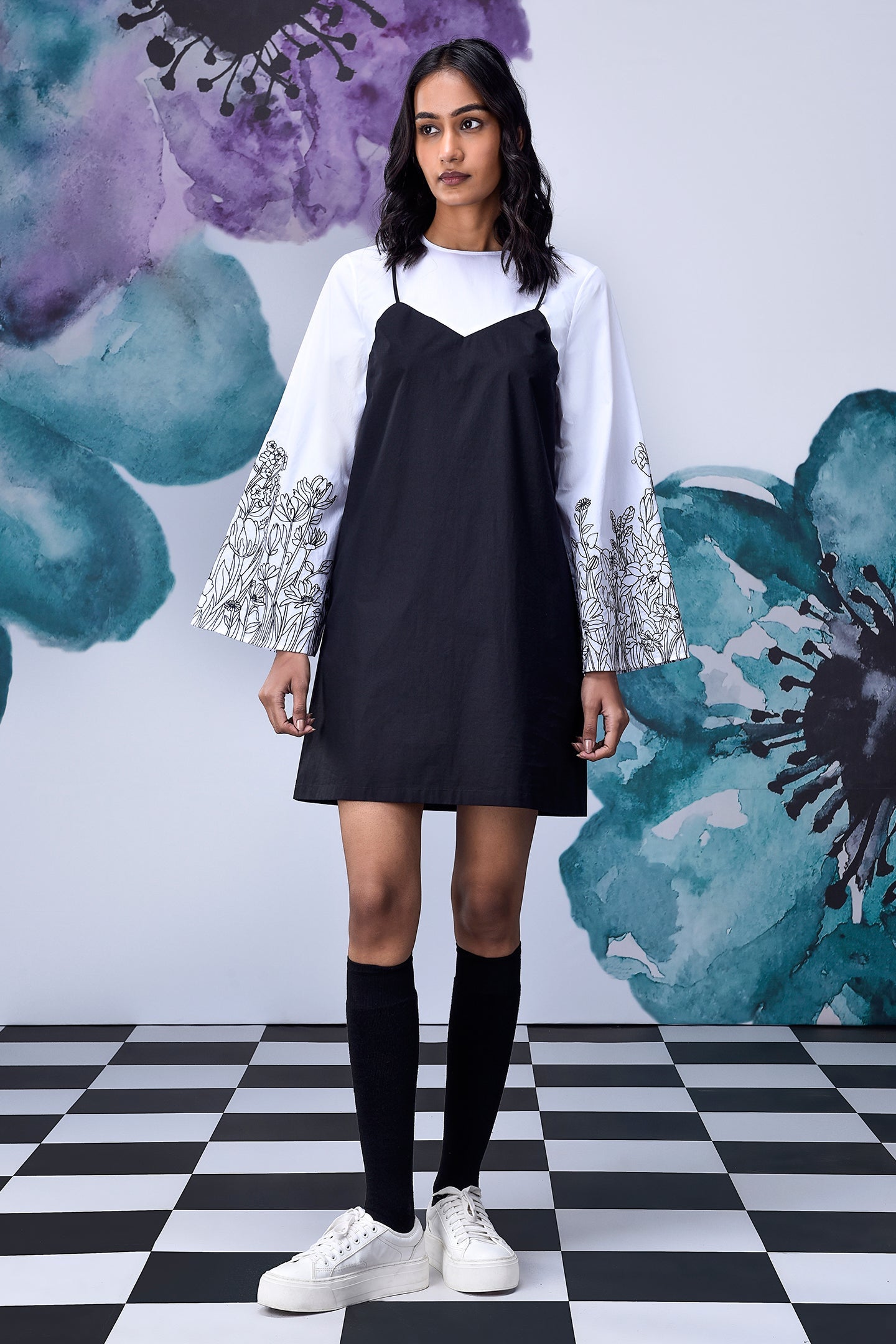 Black White Layered Relax Fit Dress