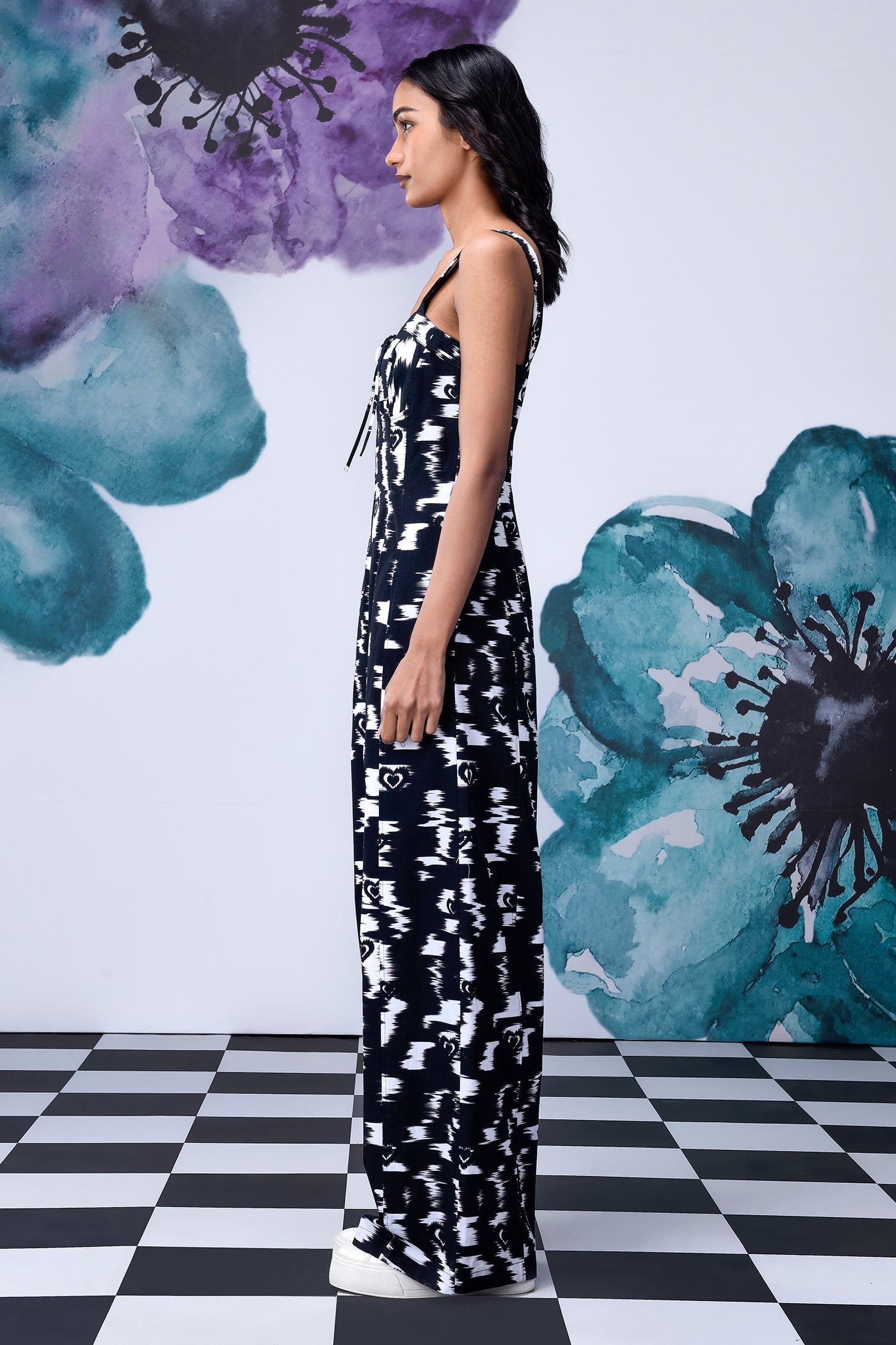 Ikkat Check Dungaree- Black