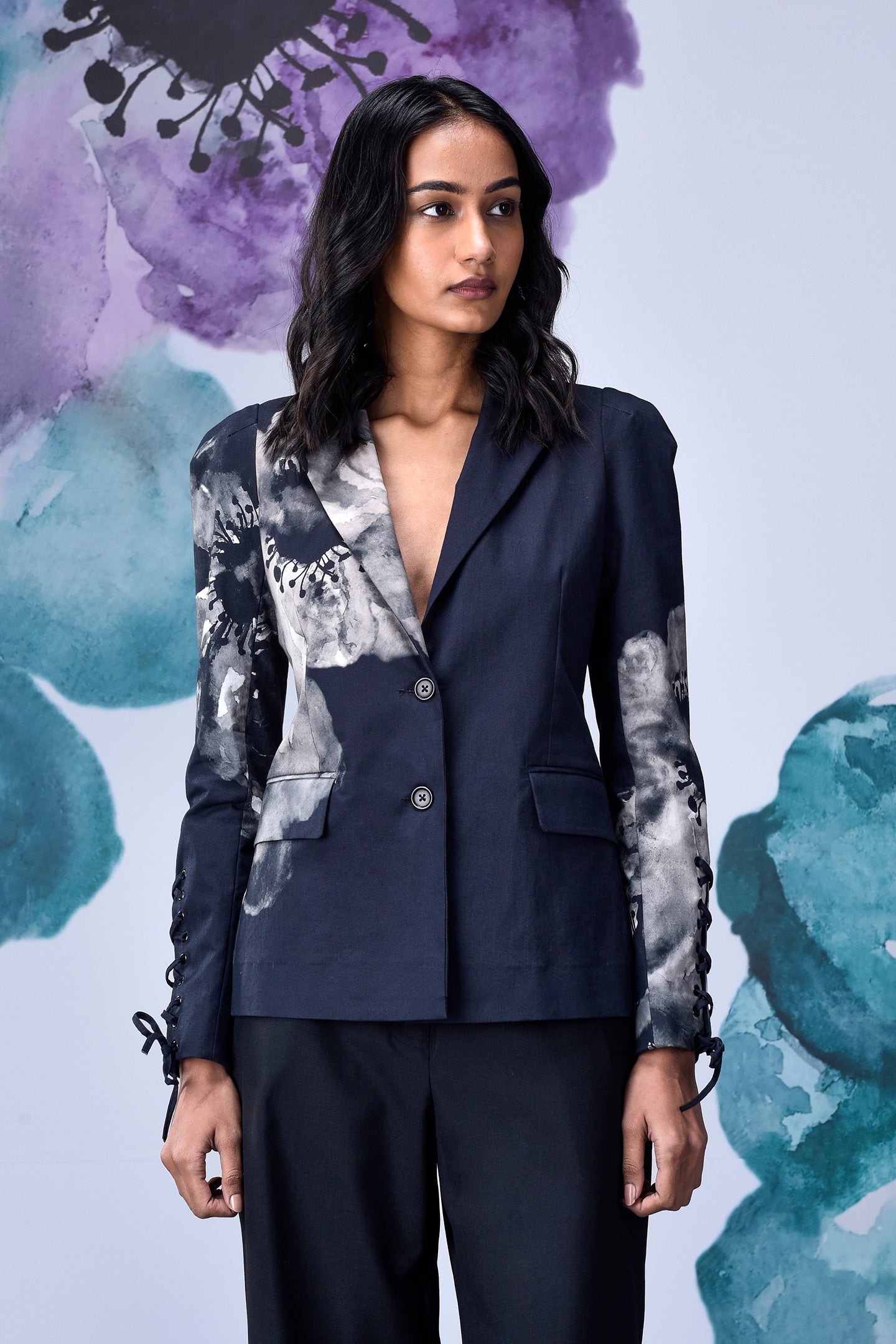 Anemone Flower Slim Fit Jacket- Black Grey