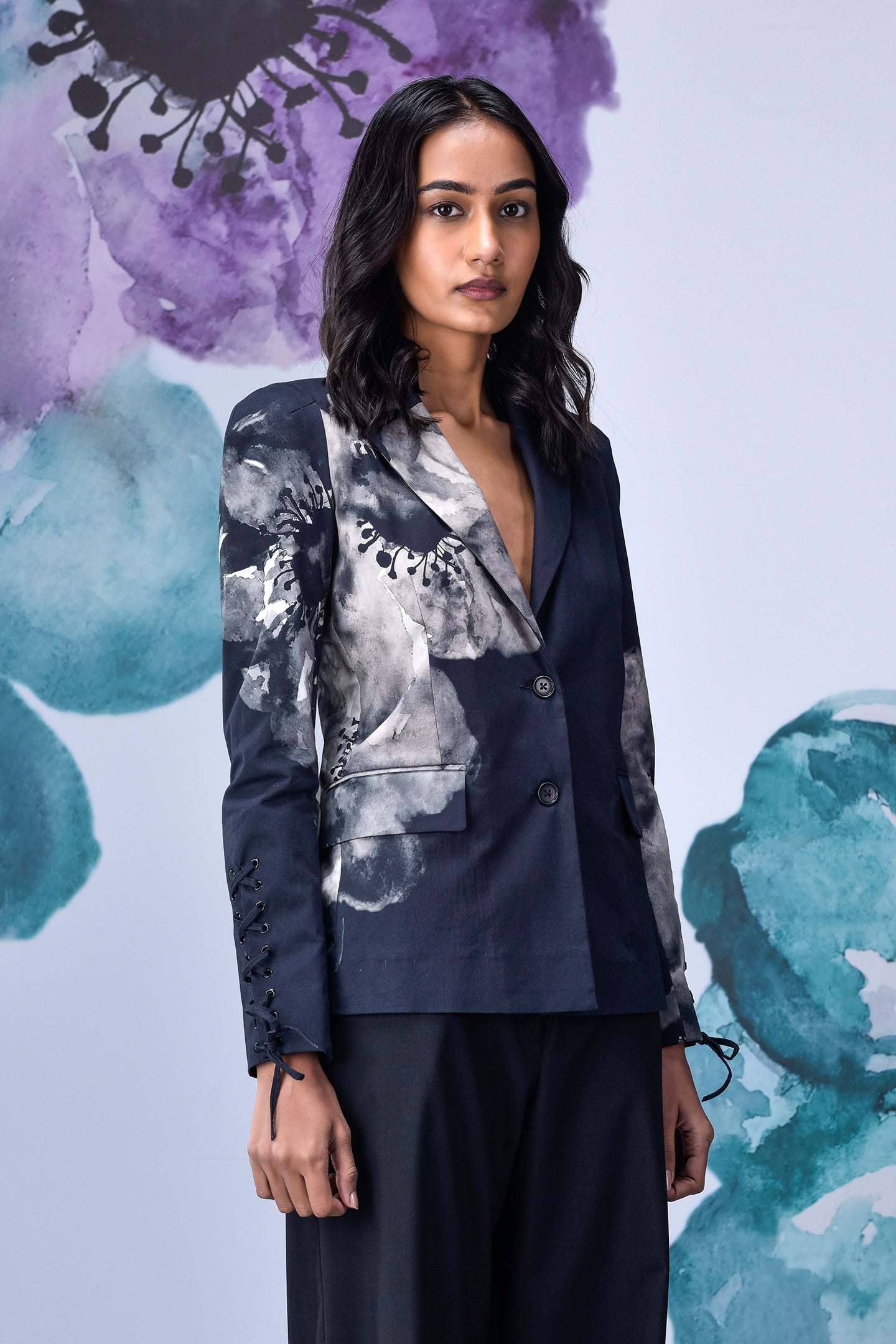 Anemone Flower Slim Fit Jacket- Black Grey