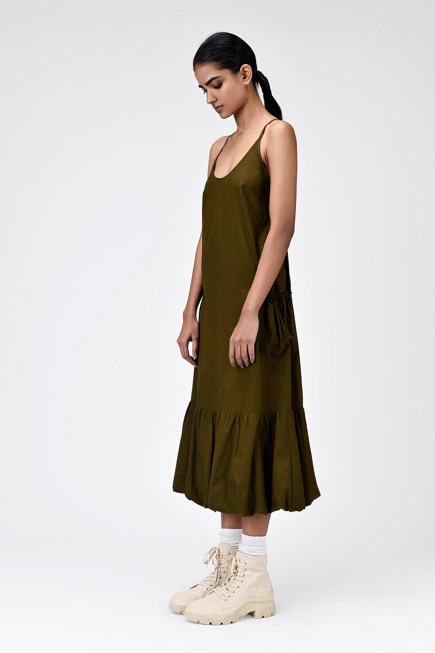 Slim Fit Dress with Strap Back-Khaki