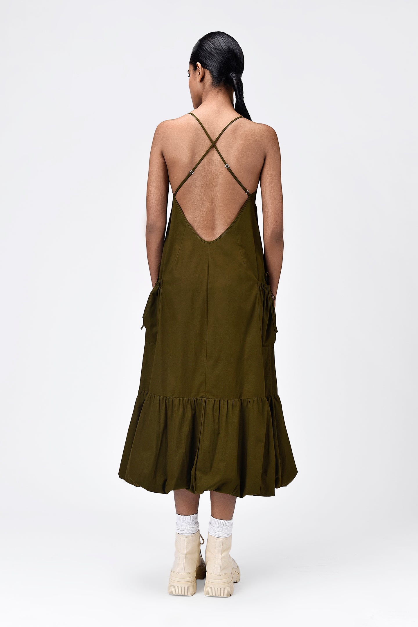 Slim Fit Dress with Strap Back-Khaki