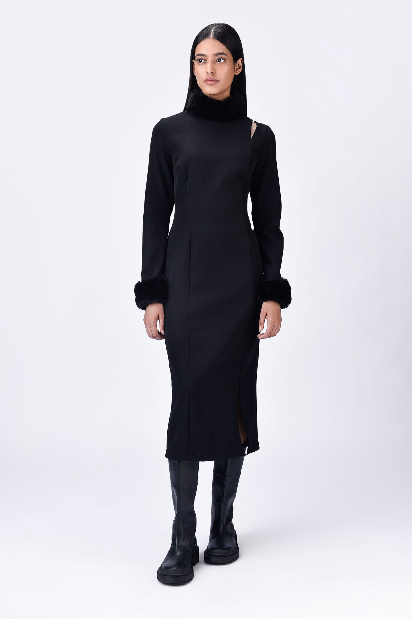 Faux Fur Collar Slim Fit Dress