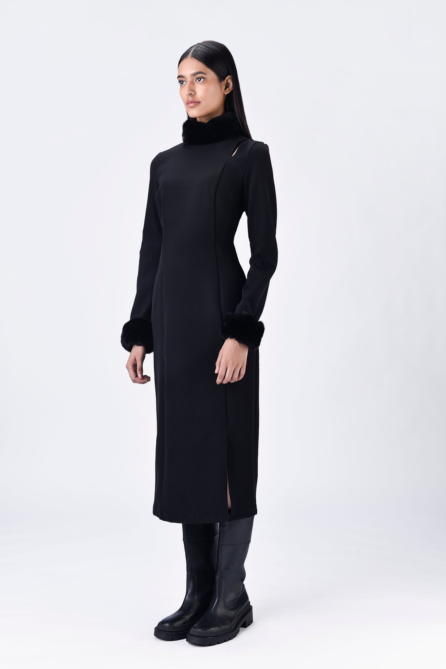 Faux Fur Collar Slim Fit Dress