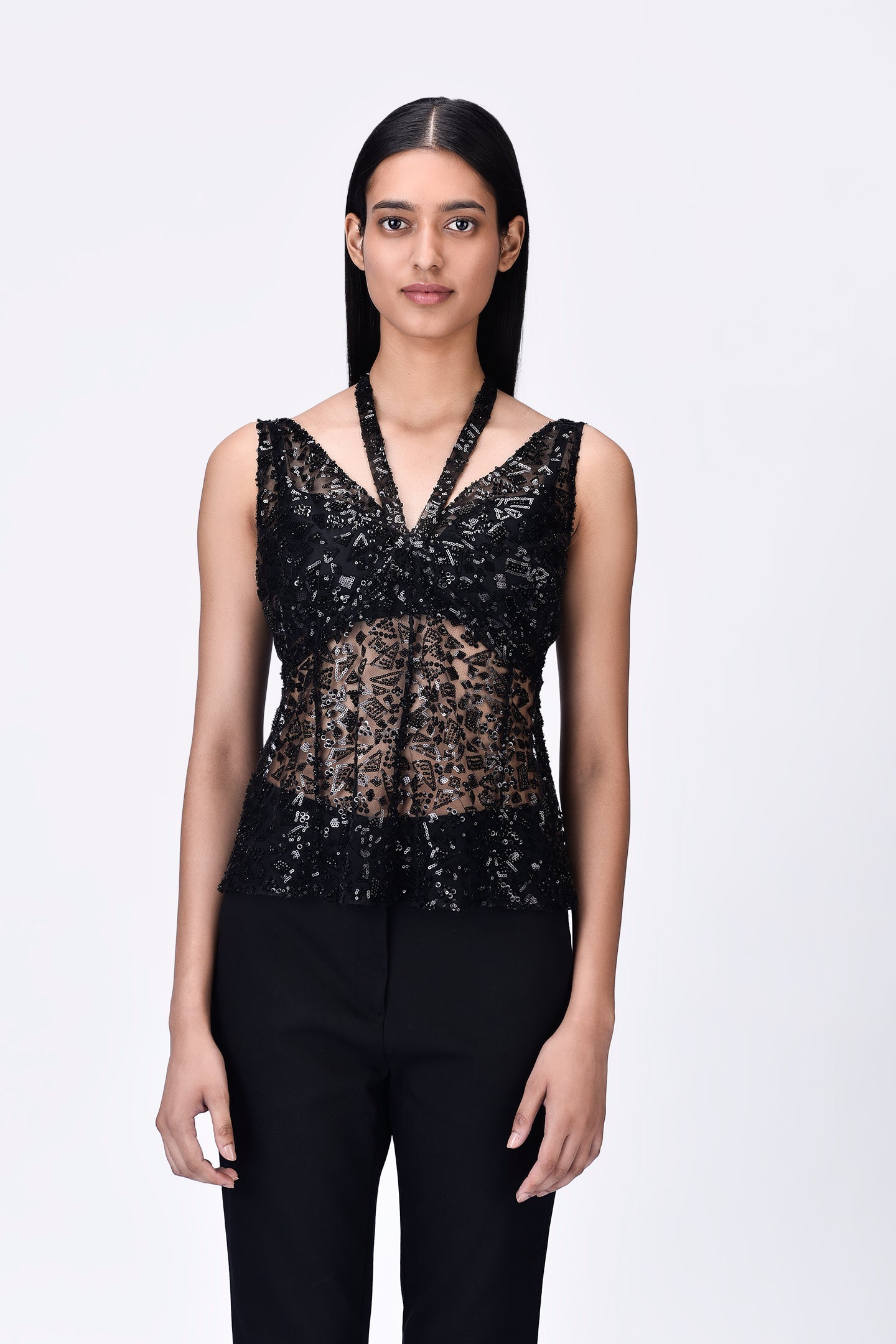 Black Embroidered Tulle Slim Fit Top with Neck Tie-Up