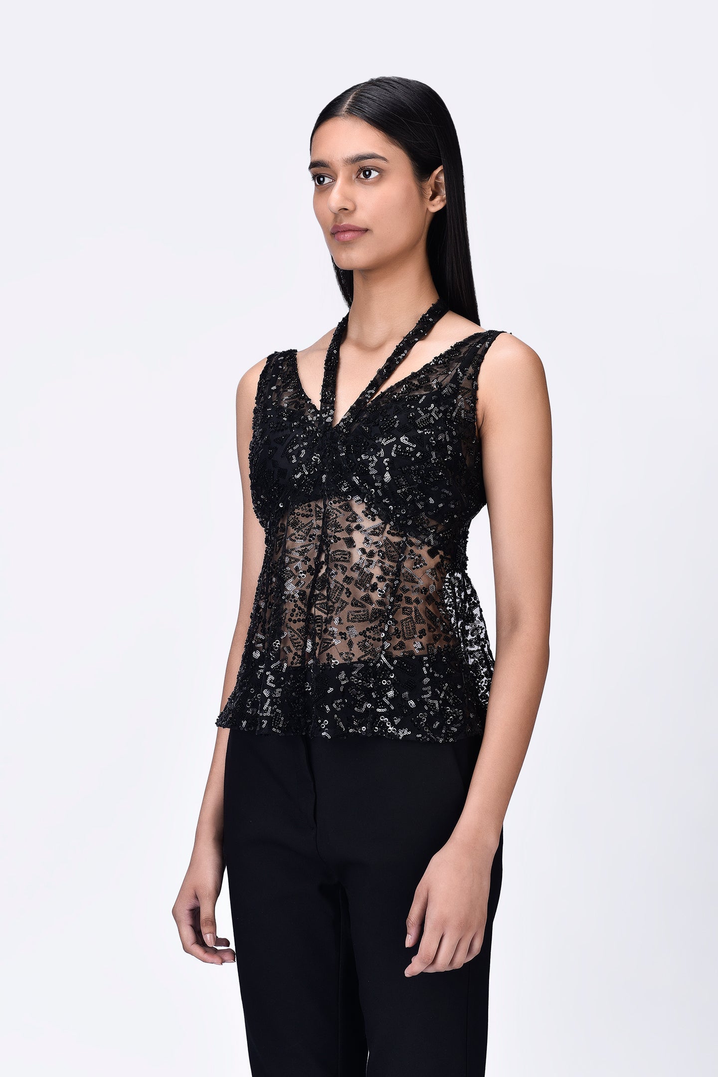 Black Embroidered Tulle Slim Fit Top with Neck Tie-Up