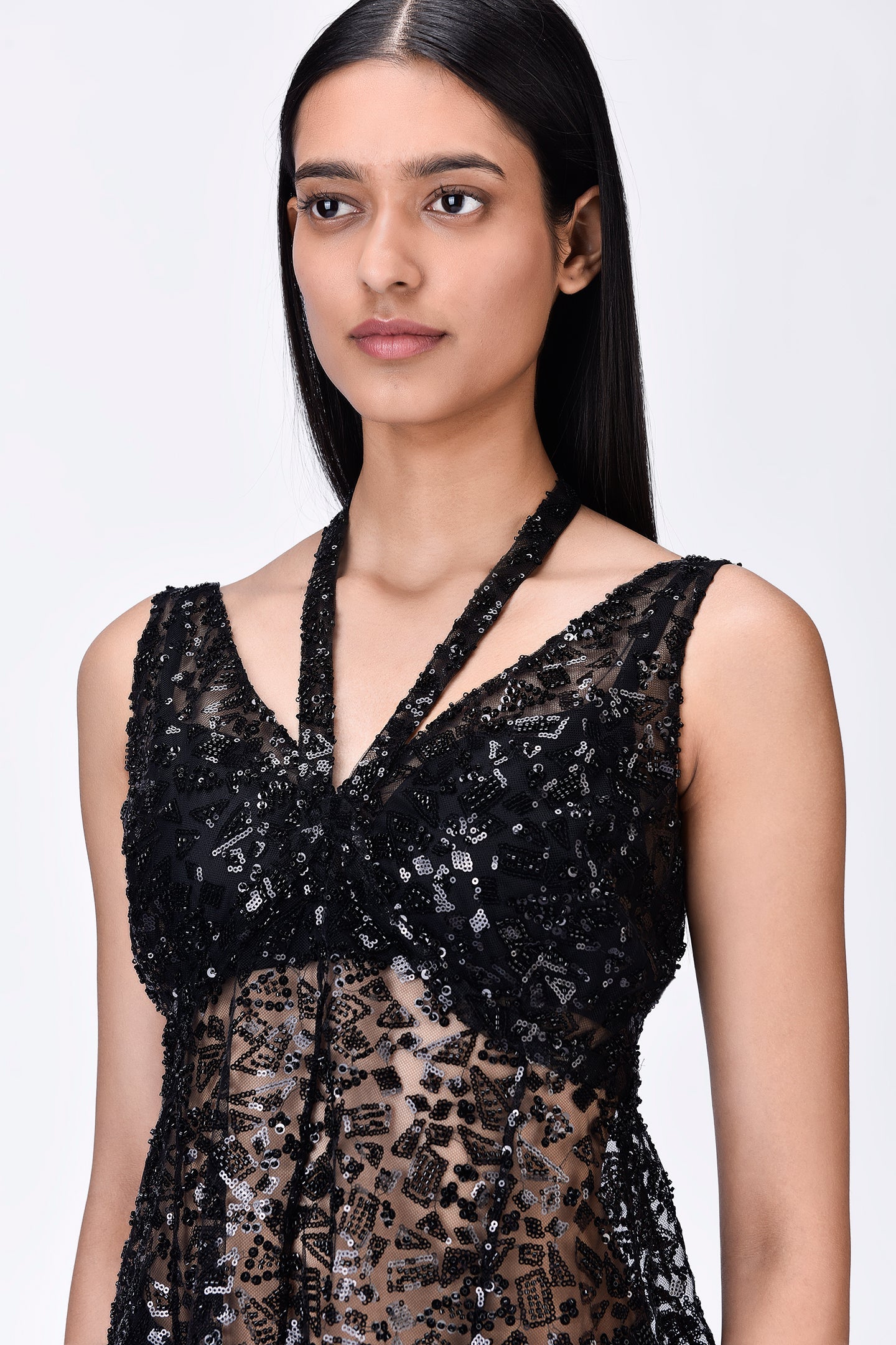 Black Embroidered Tulle Slim Fit Top with Neck Tie-Up