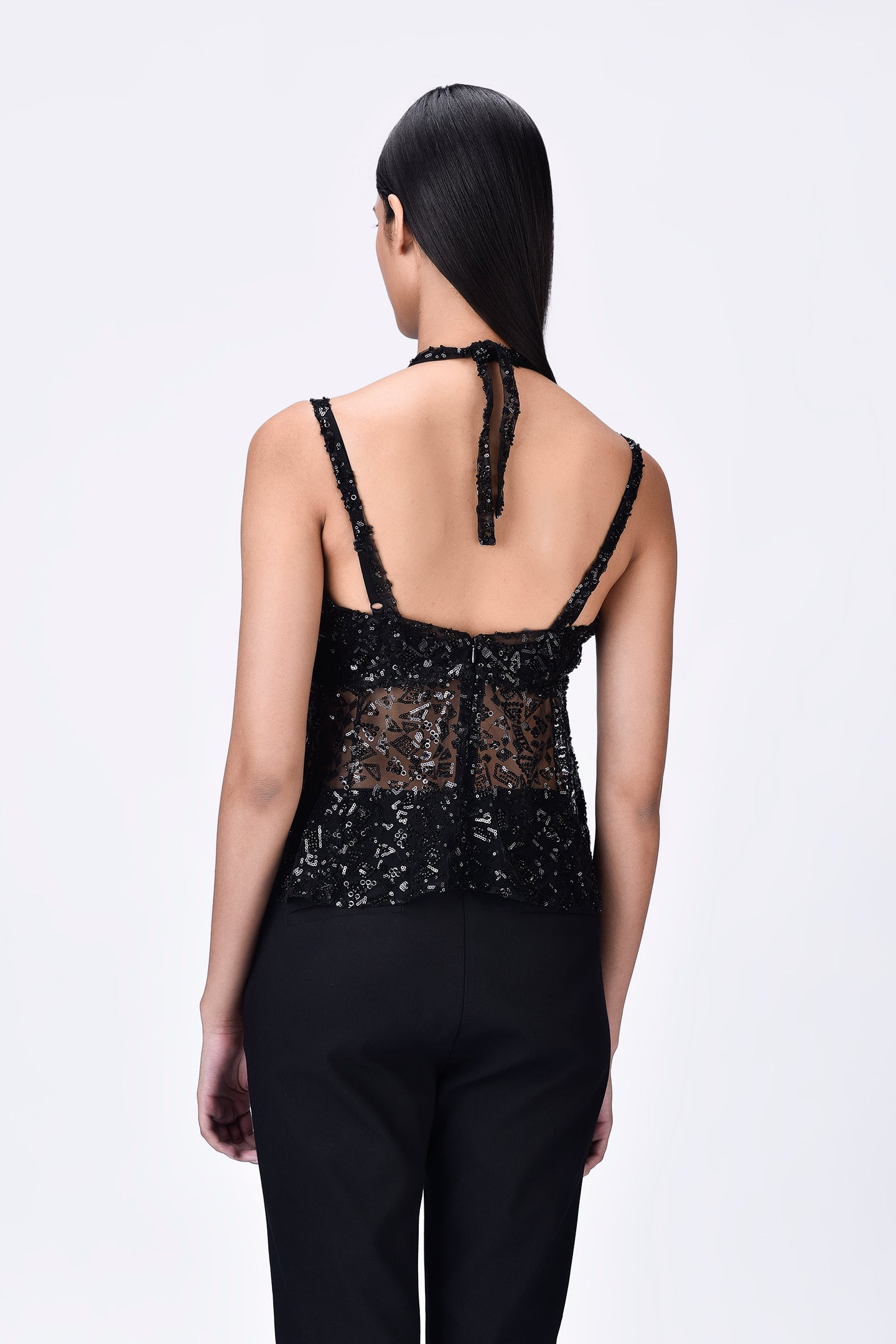 Black Embroidered Tulle Slim Fit Top with Neck Tie-Up