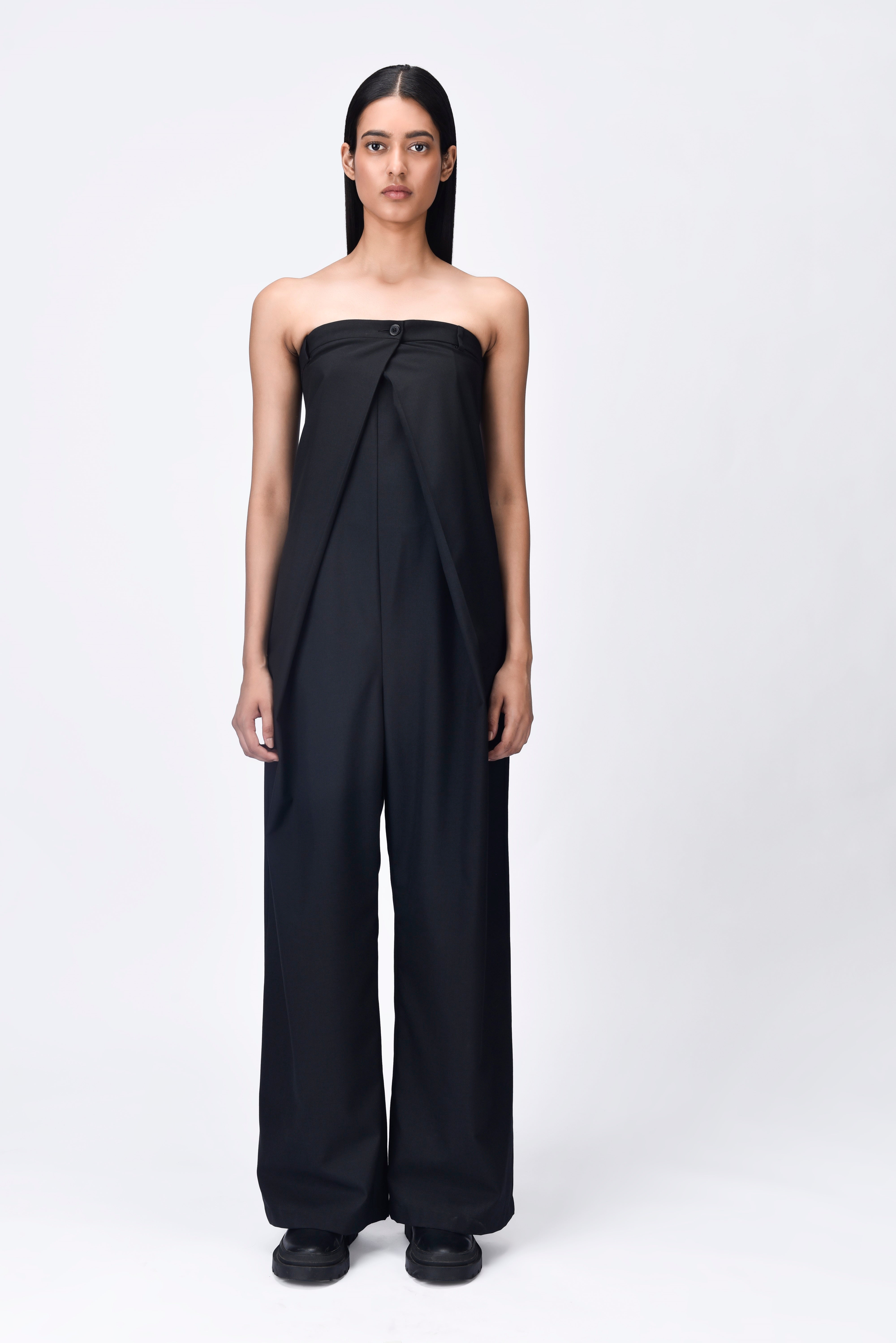Off-Shoulder Jumpsuit with Overlapping Pleats