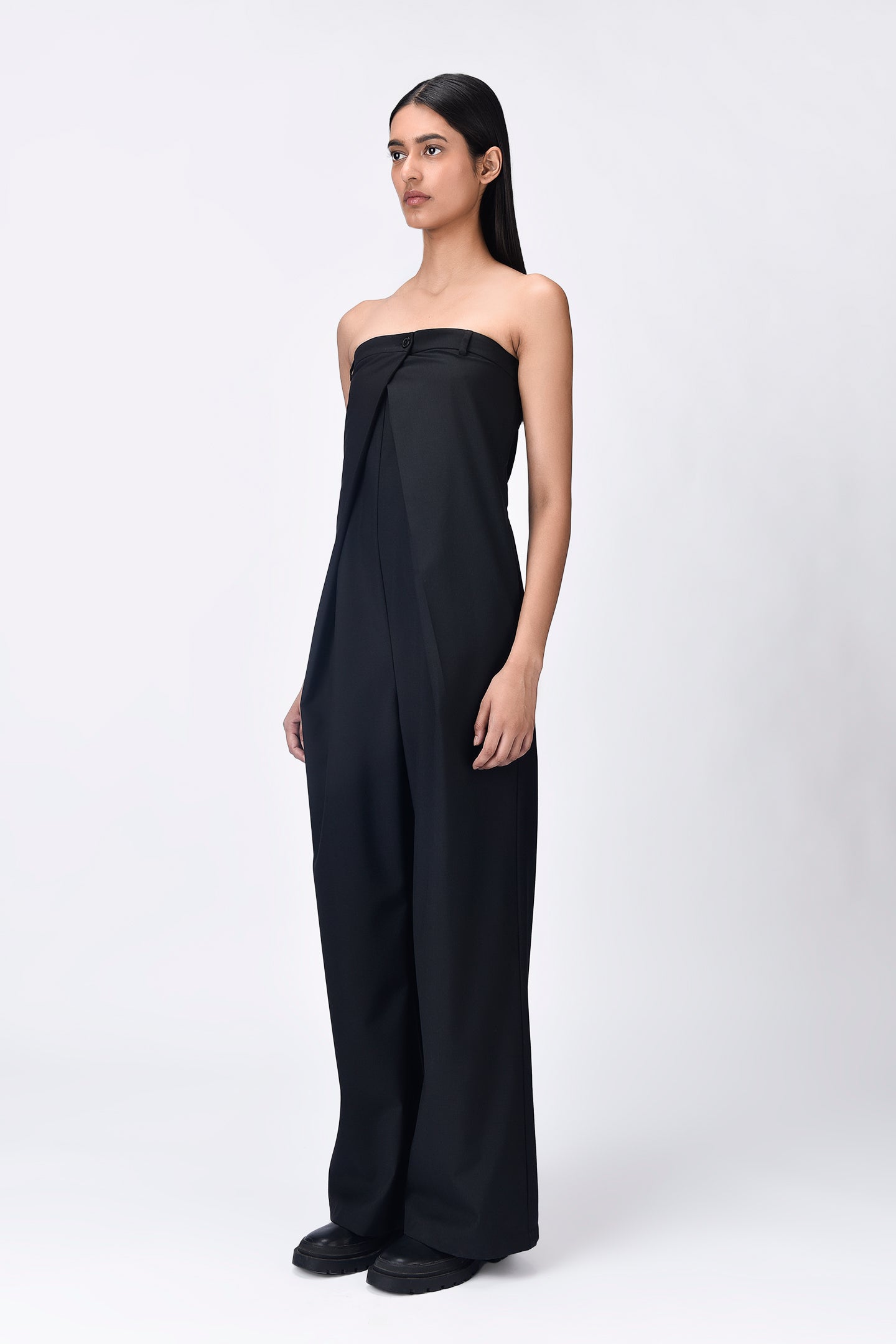 Off-Shoulder Jumpsuit with Overlapping Pleats