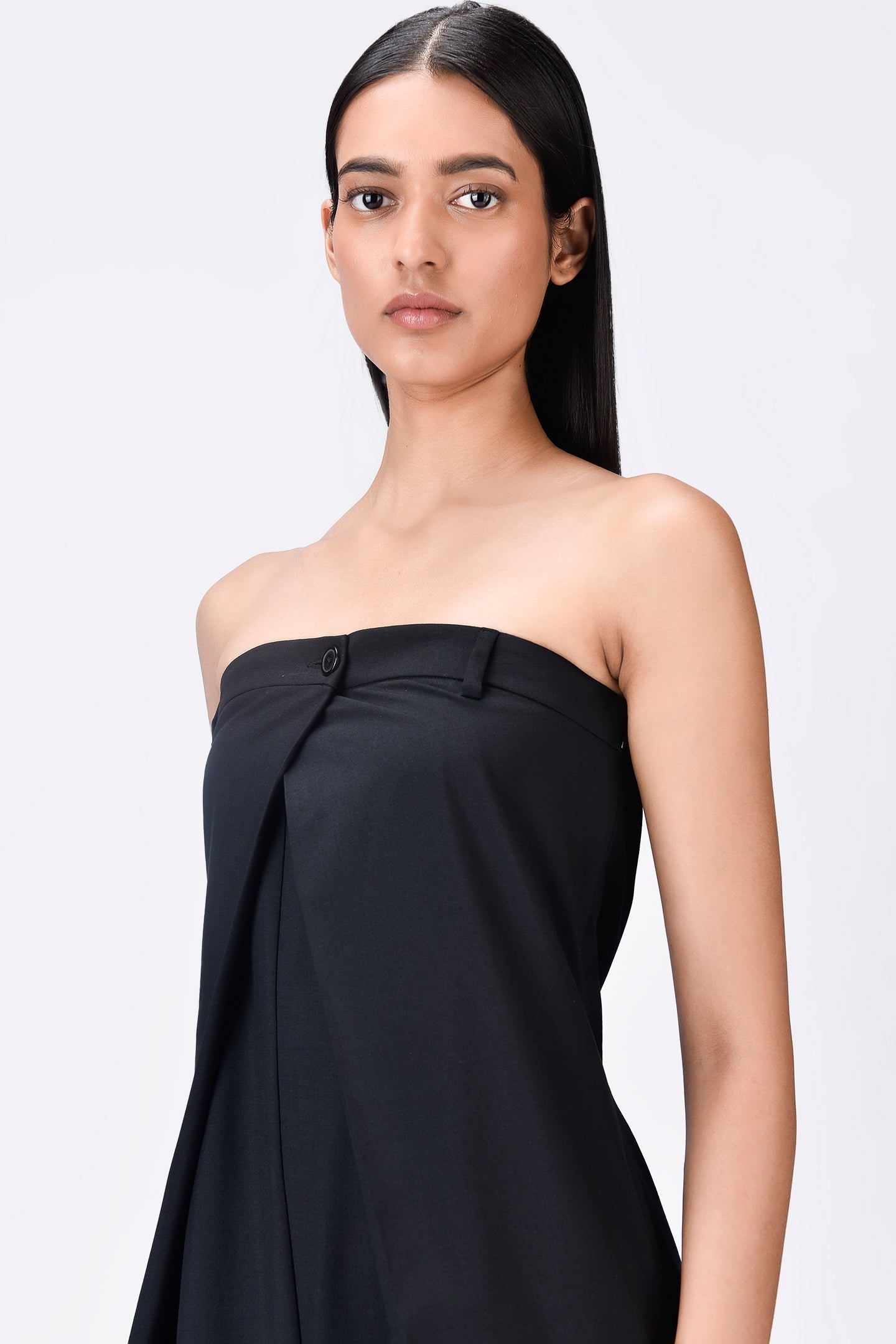 Off-Shoulder Jumpsuit with Overlapping Pleats