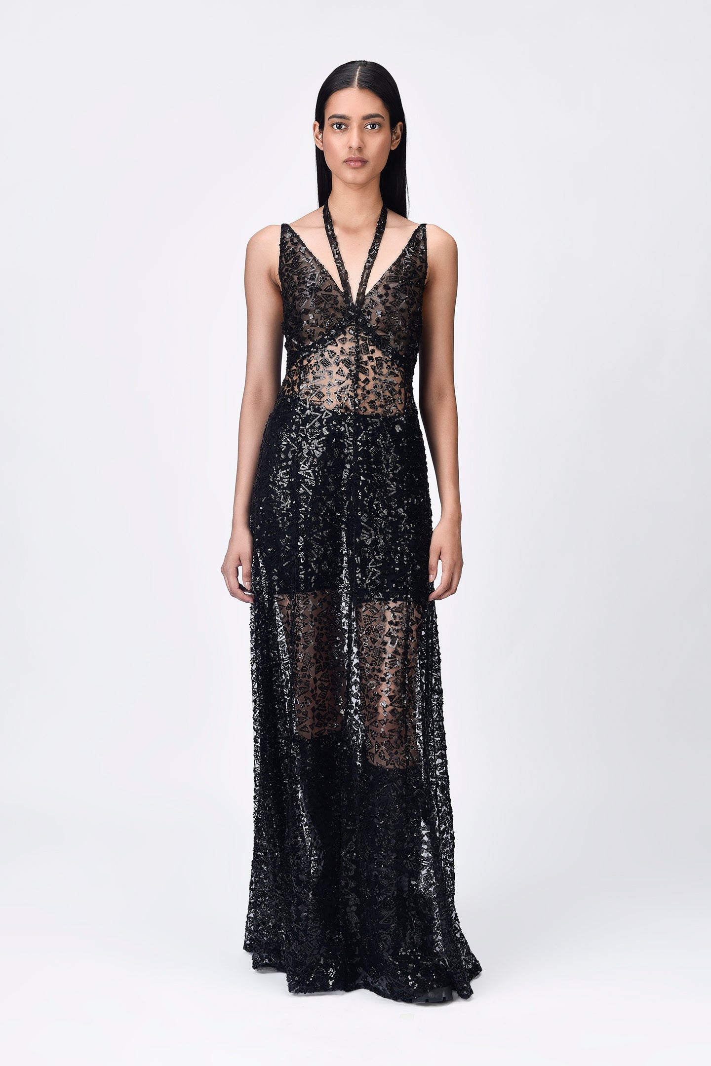 Slim Fit Embroidered Tulle Floor-Length Gown