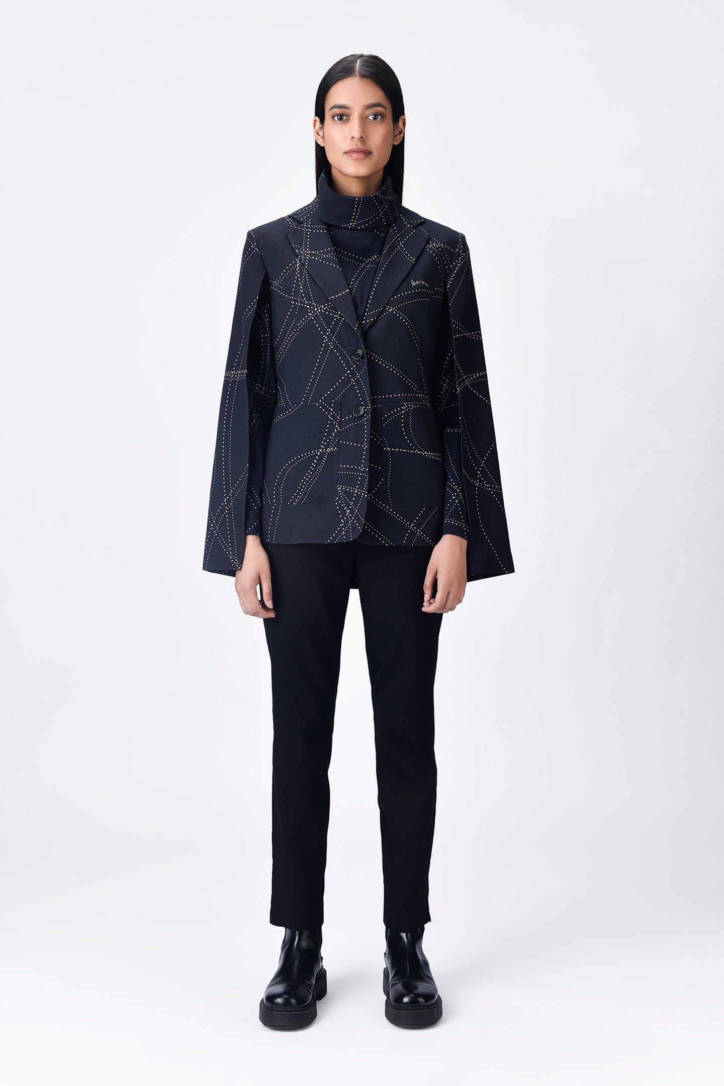 Cape Sleeve Linen Jacket Dotted Aurora Print