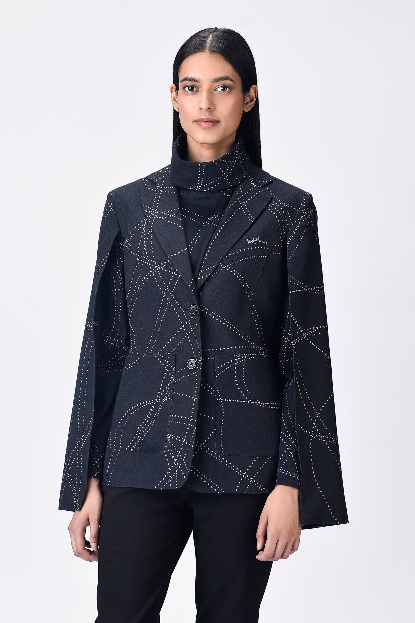 Cape Sleeve Linen Jacket Dotted Aurora Print