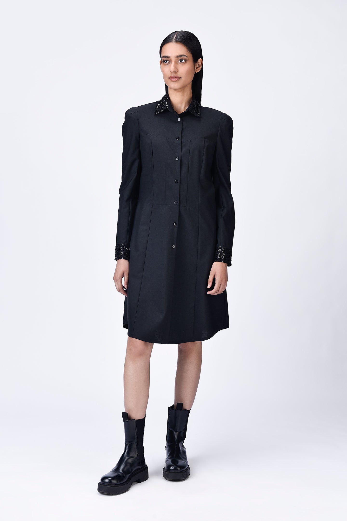 Poly Wool Shirt Dress with Embroidered Tulle