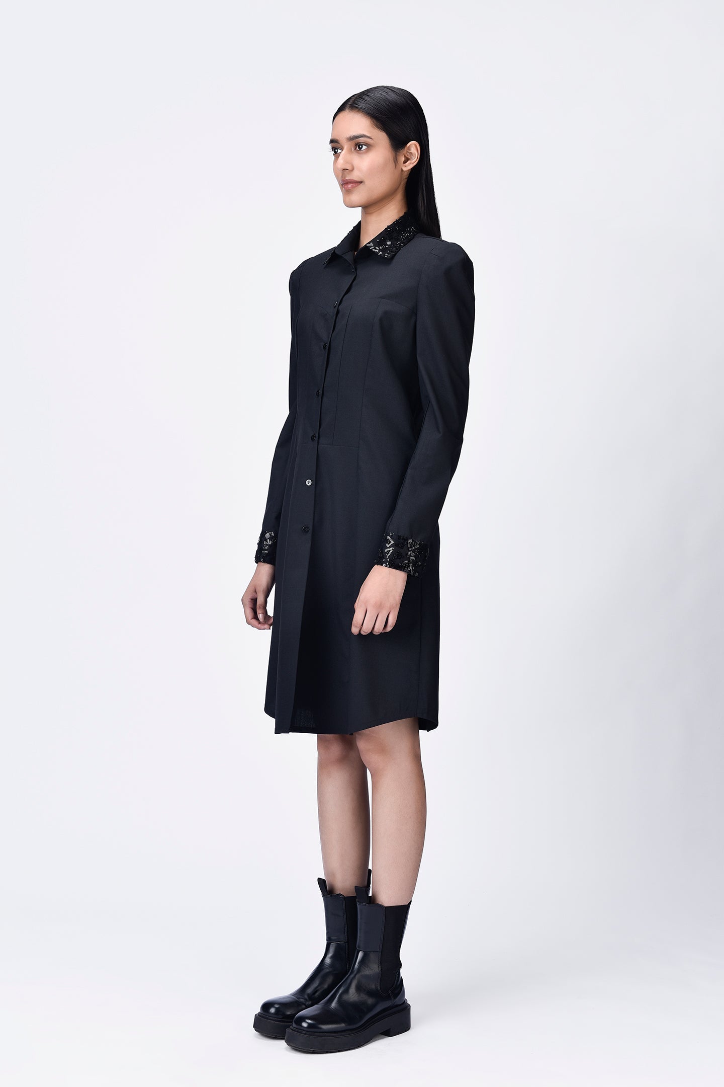 Poly Wool Shirt Dress with Embroidered Tulle