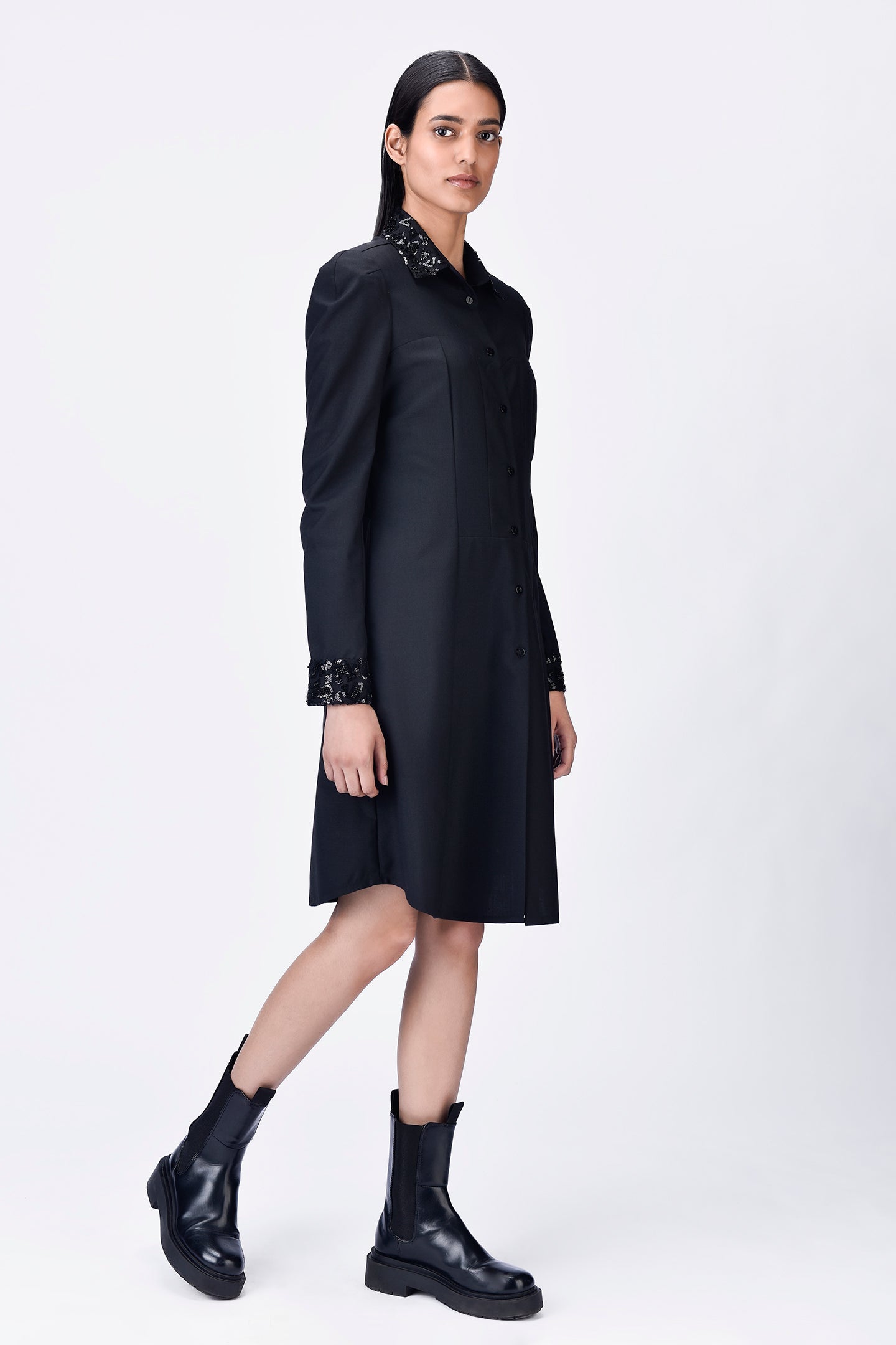 Poly Wool Shirt Dress with Embroidered Tulle