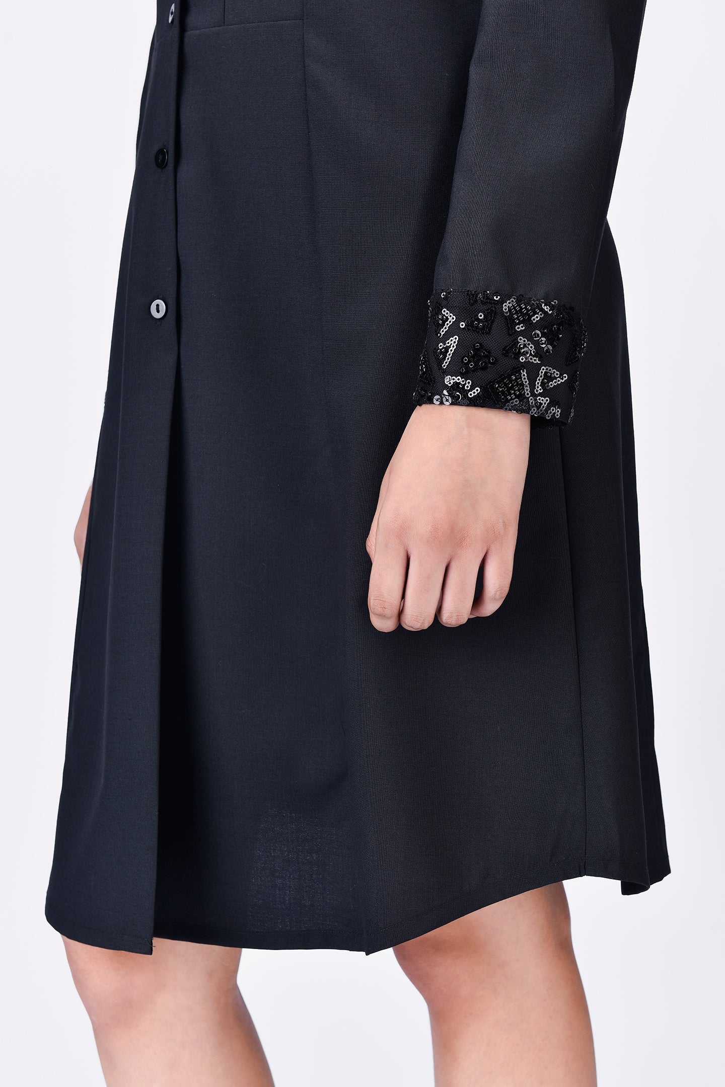 Poly Wool Shirt Dress with Embroidered Tulle