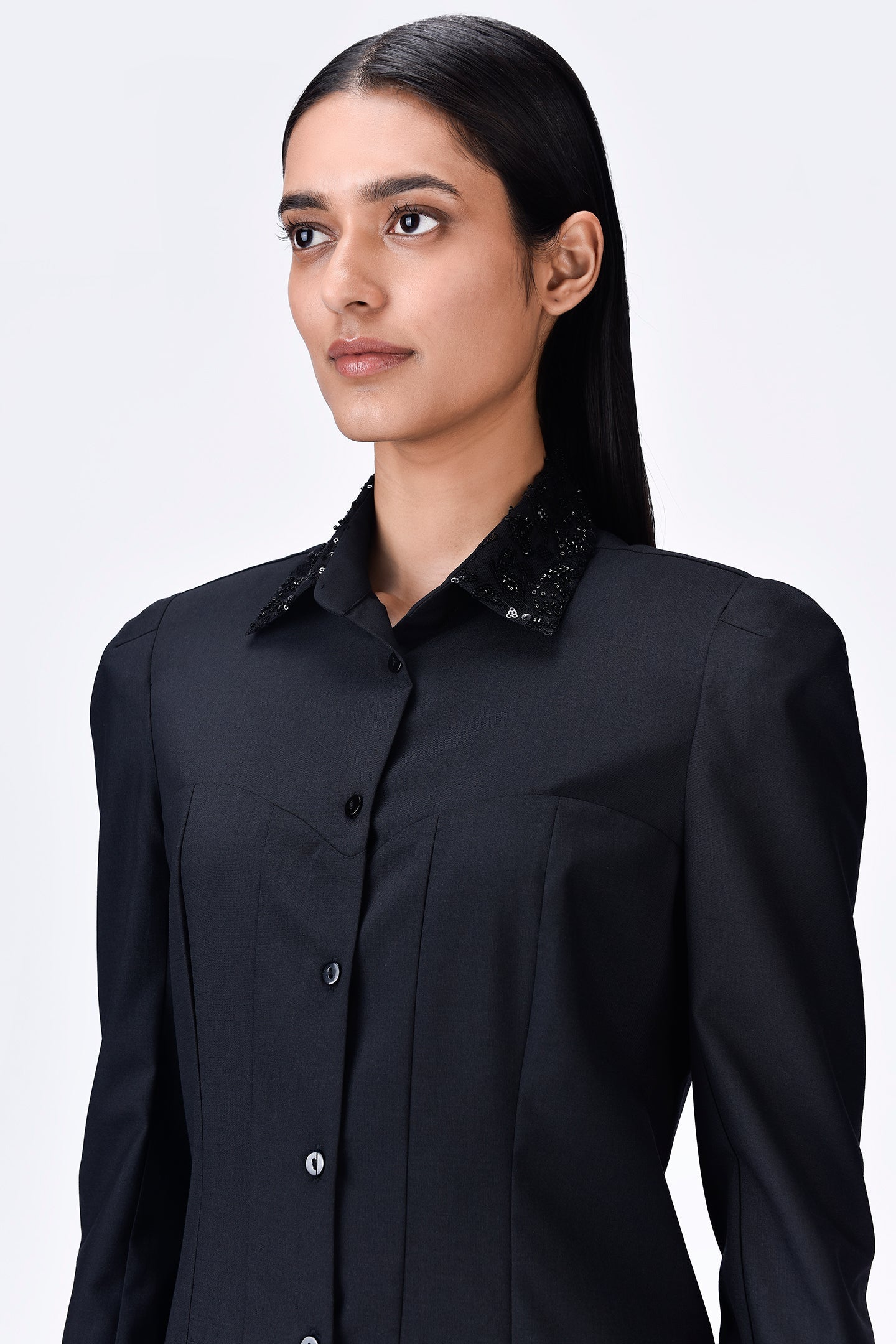 Poly Wool Shirt Dress with Embroidered Tulle