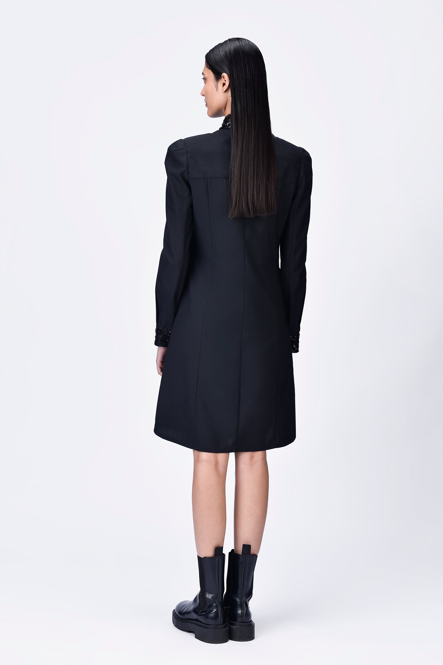 Poly Wool Shirt Dress with Embroidered Tulle