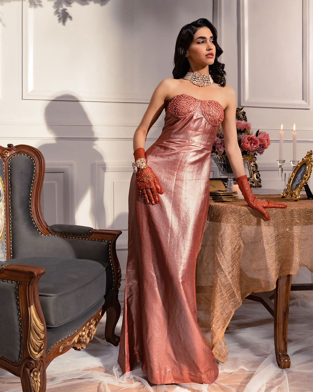 Le Portrait Royal Shimmer Dupion Silk Bustier Cinch Dress