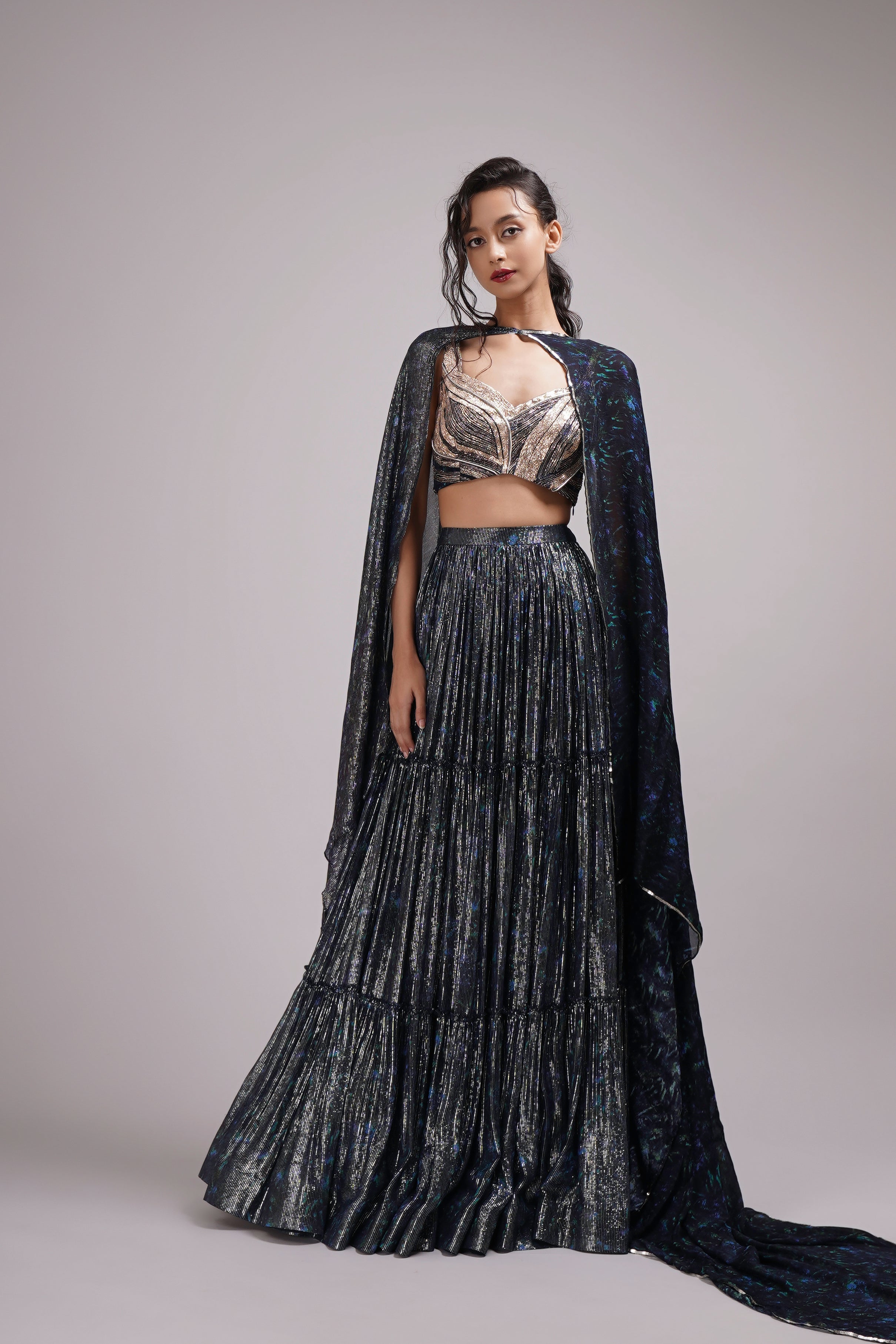 Navy Blue Shimmer Georgette Hand Painted Tiered Lehenga Set