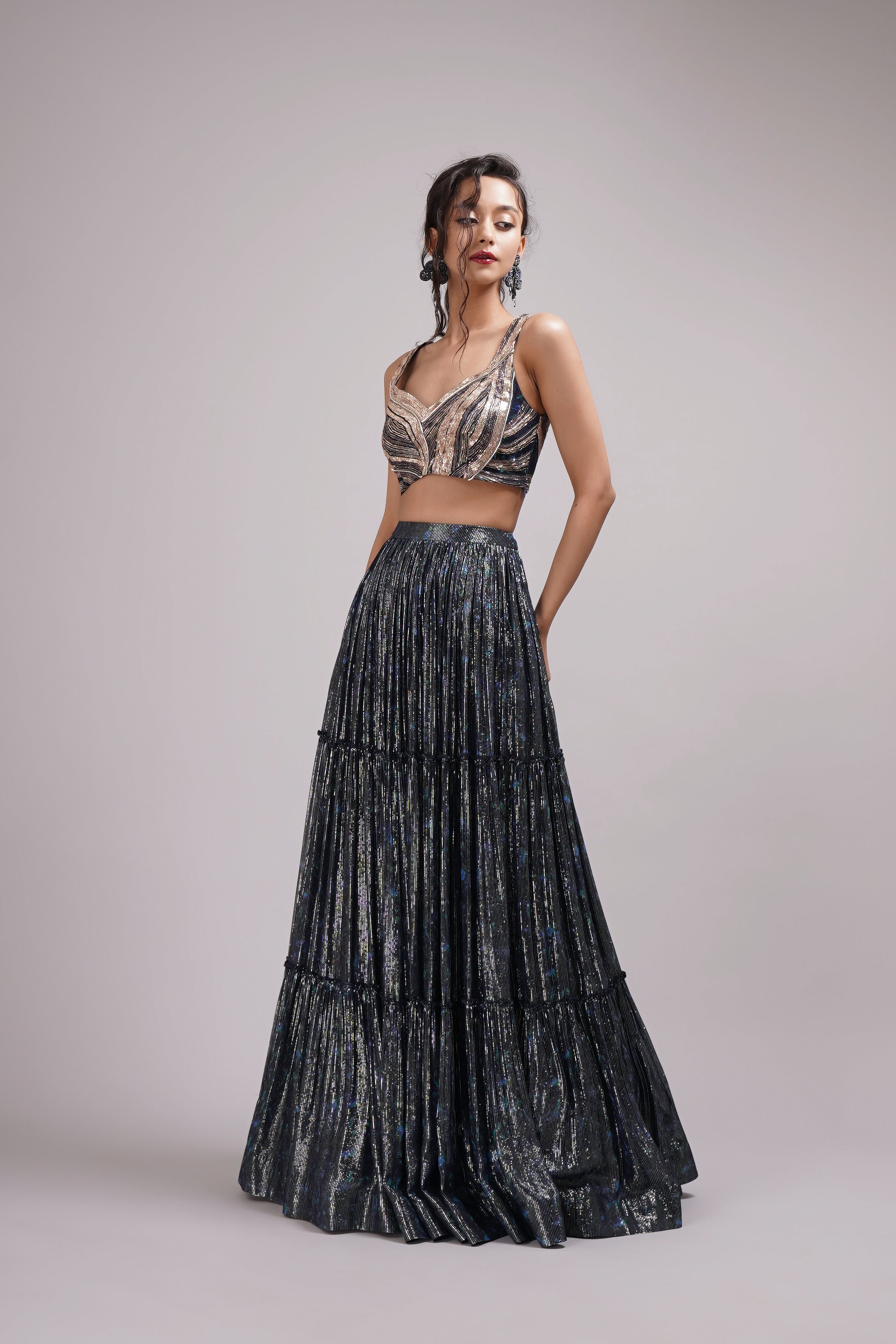 Navy Blue Shimmer Georgette Hand Painted Tiered Lehenga Set