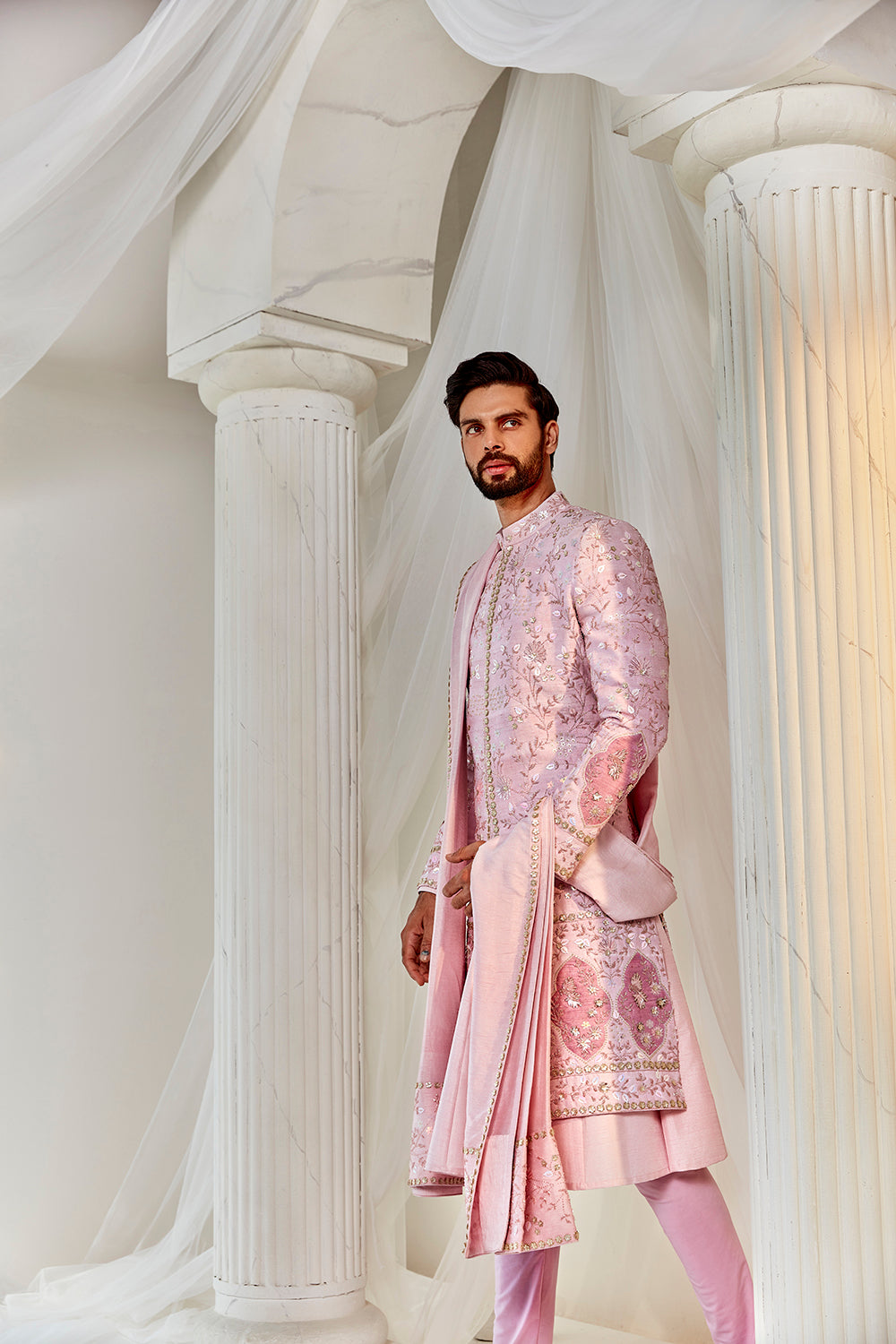 Salmon Pink Sherwani Set - Auraya Fashion -  - #tag1# - #tag2# - #tag3# - #tag3#