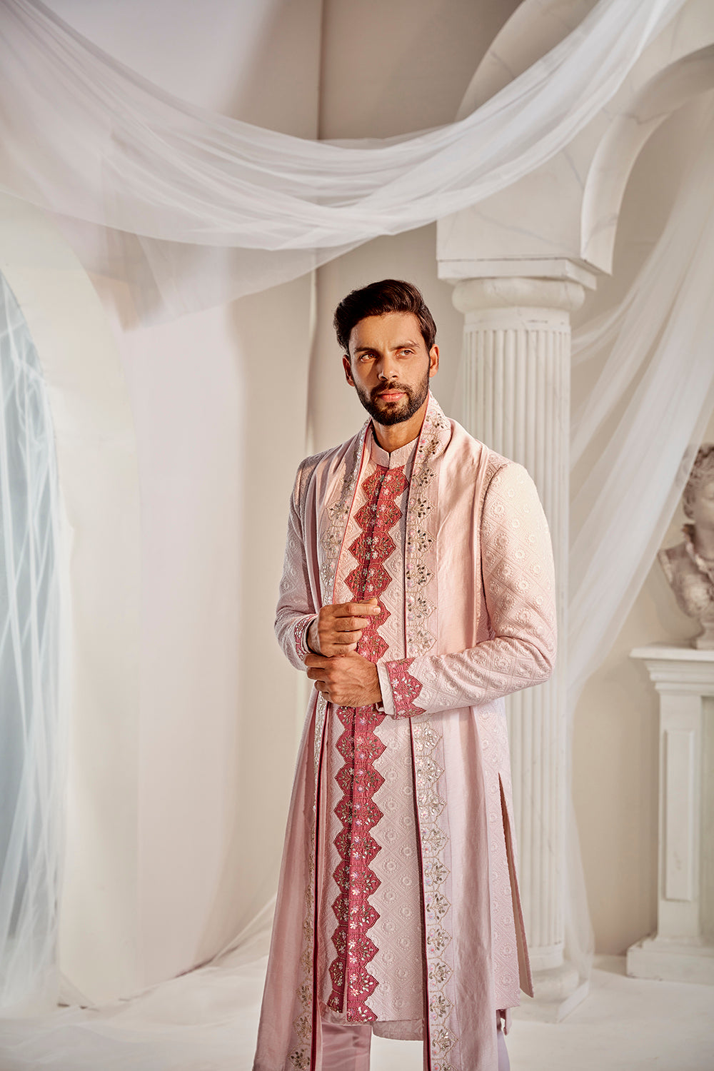 Powder Pink Sherwani Set - Auraya Fashion - Rachit Khanna Men - #tag1# - #tag2# - #tag3# - #tag3#