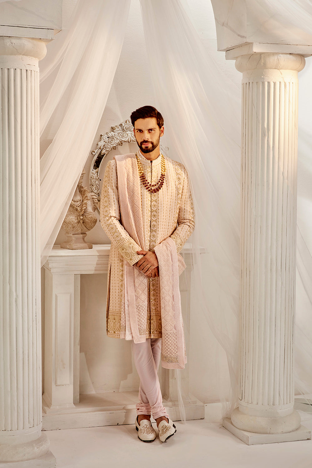 Powder Peach Lucknawi Sherwani Set - Auraya Fashion - Rachit Khanna Men - #tag1# - #tag2# - #tag3# - #tag3#