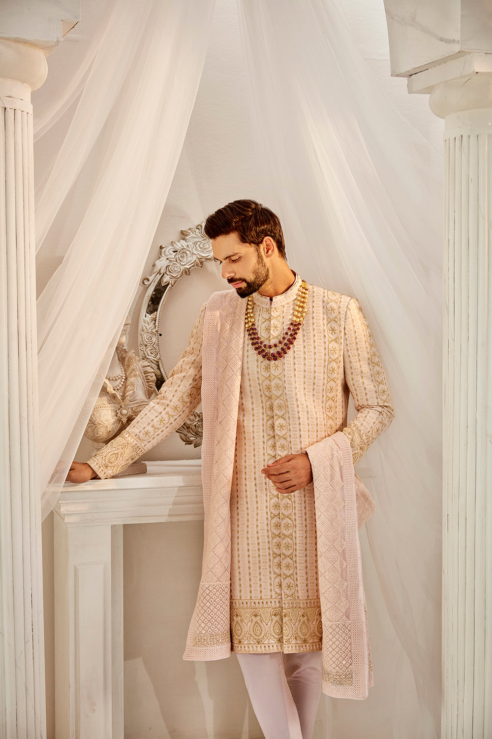 Powder Peach Lucknawi Sherwani Set - Auraya Fashion -  - #tag1# - #tag2# - #tag3# - #tag3#