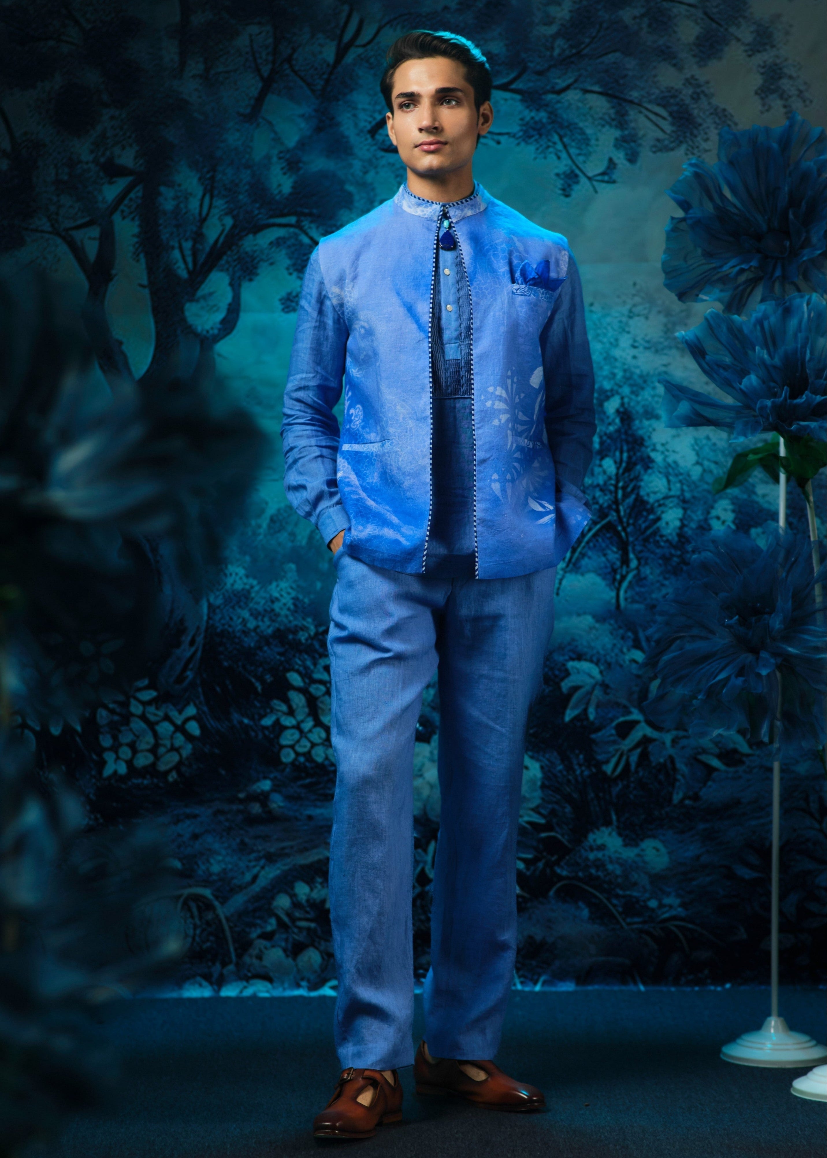 Printed Sapphire Statement Waistcoat with Short Kurta and Pant