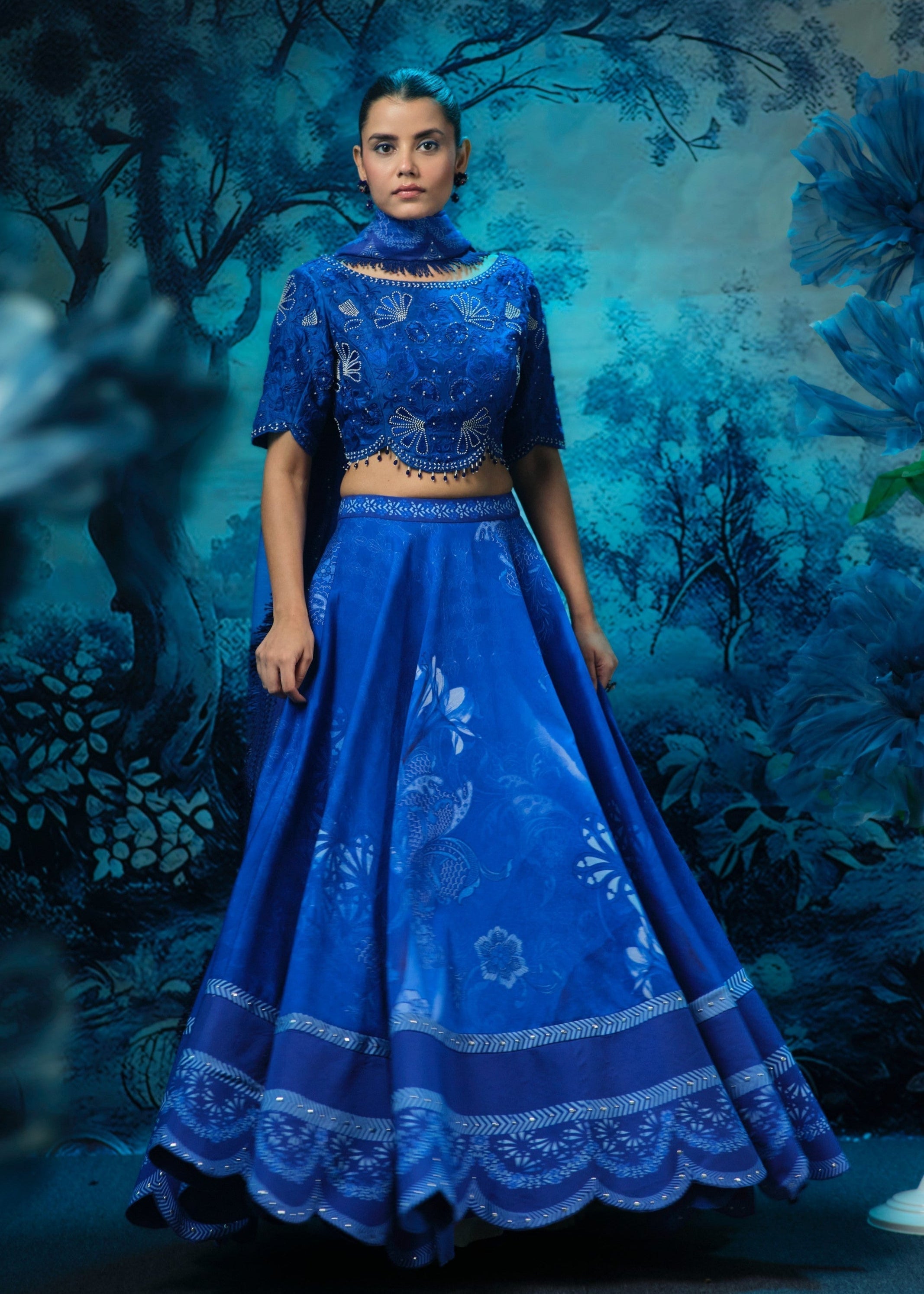 Indigo Lehenga with Embroidered Blouse and Dupatta
