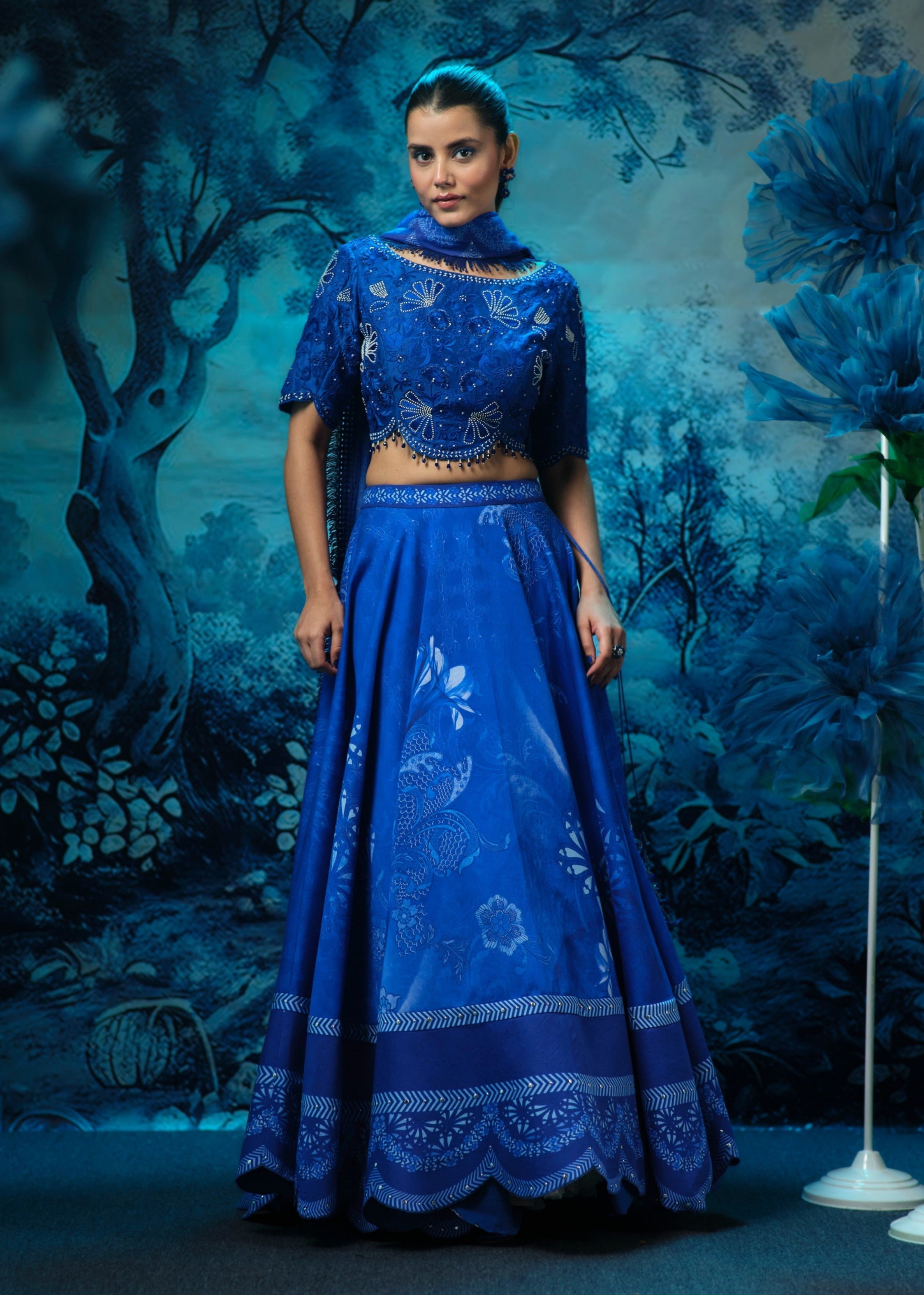 Indigo Lehenga with Embroidered Blouse and Dupatta