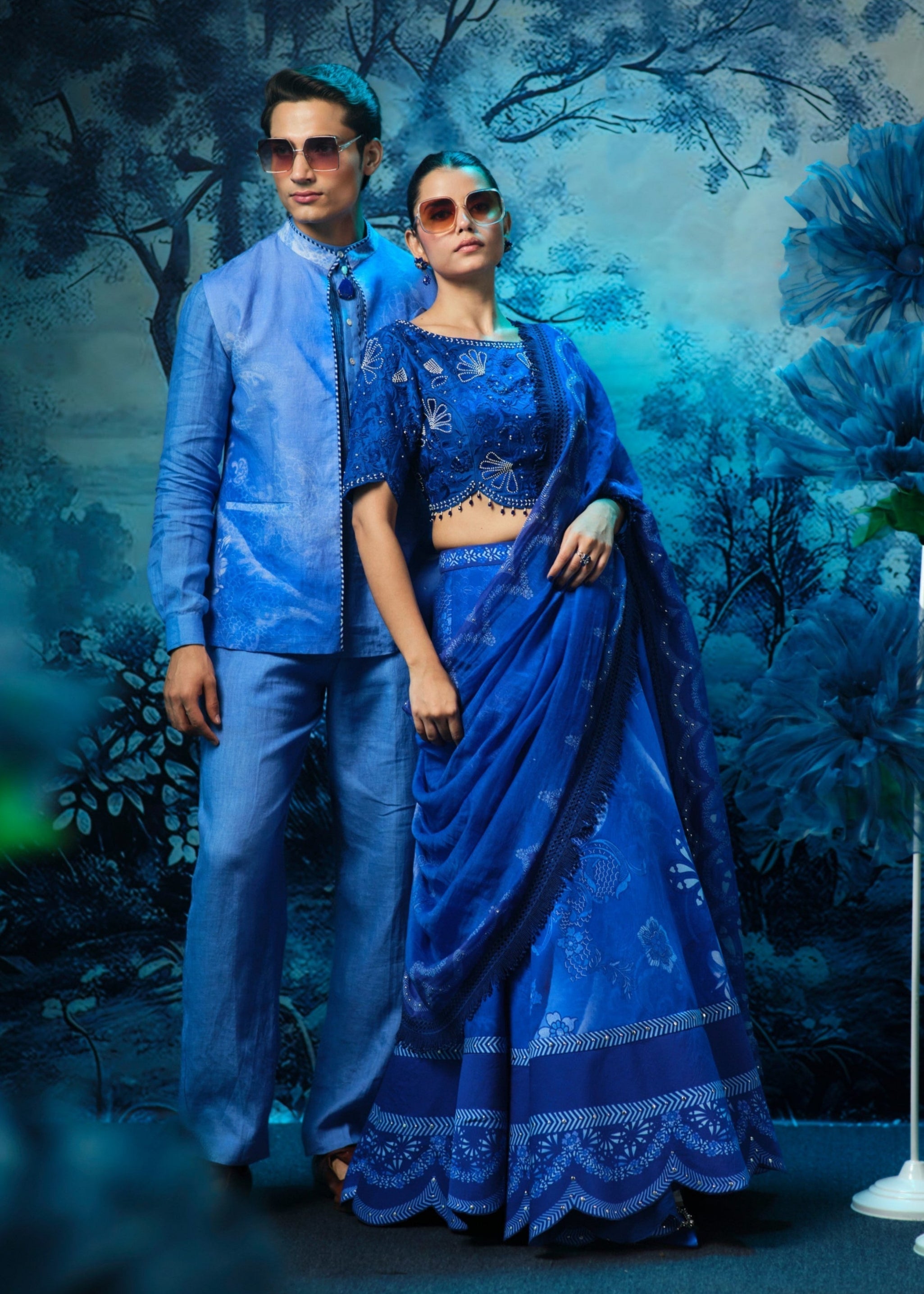 Indigo Lehenga with Embroidered Blouse and Dupatta