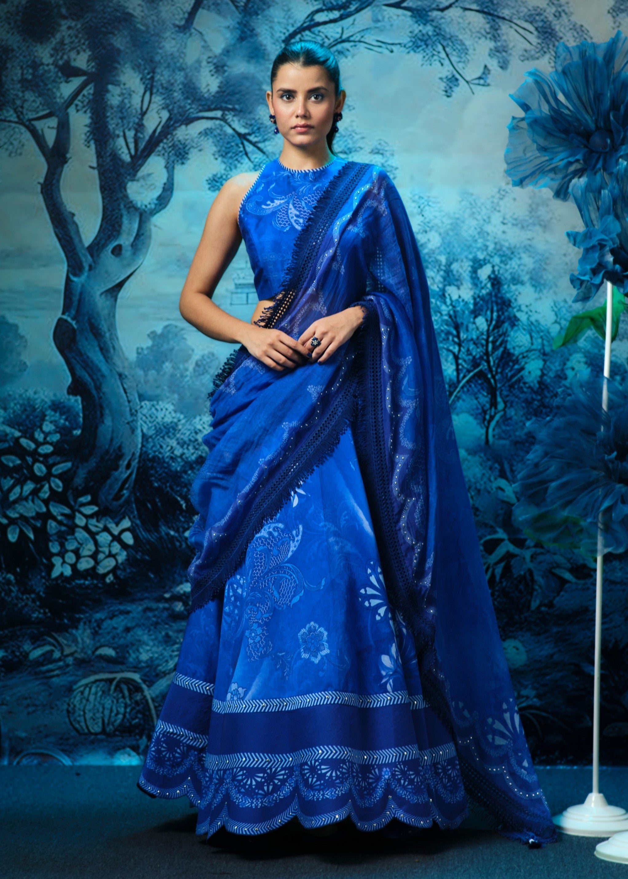Indigo Lehenga with Printed Halter Neck Blouse and Dupatta