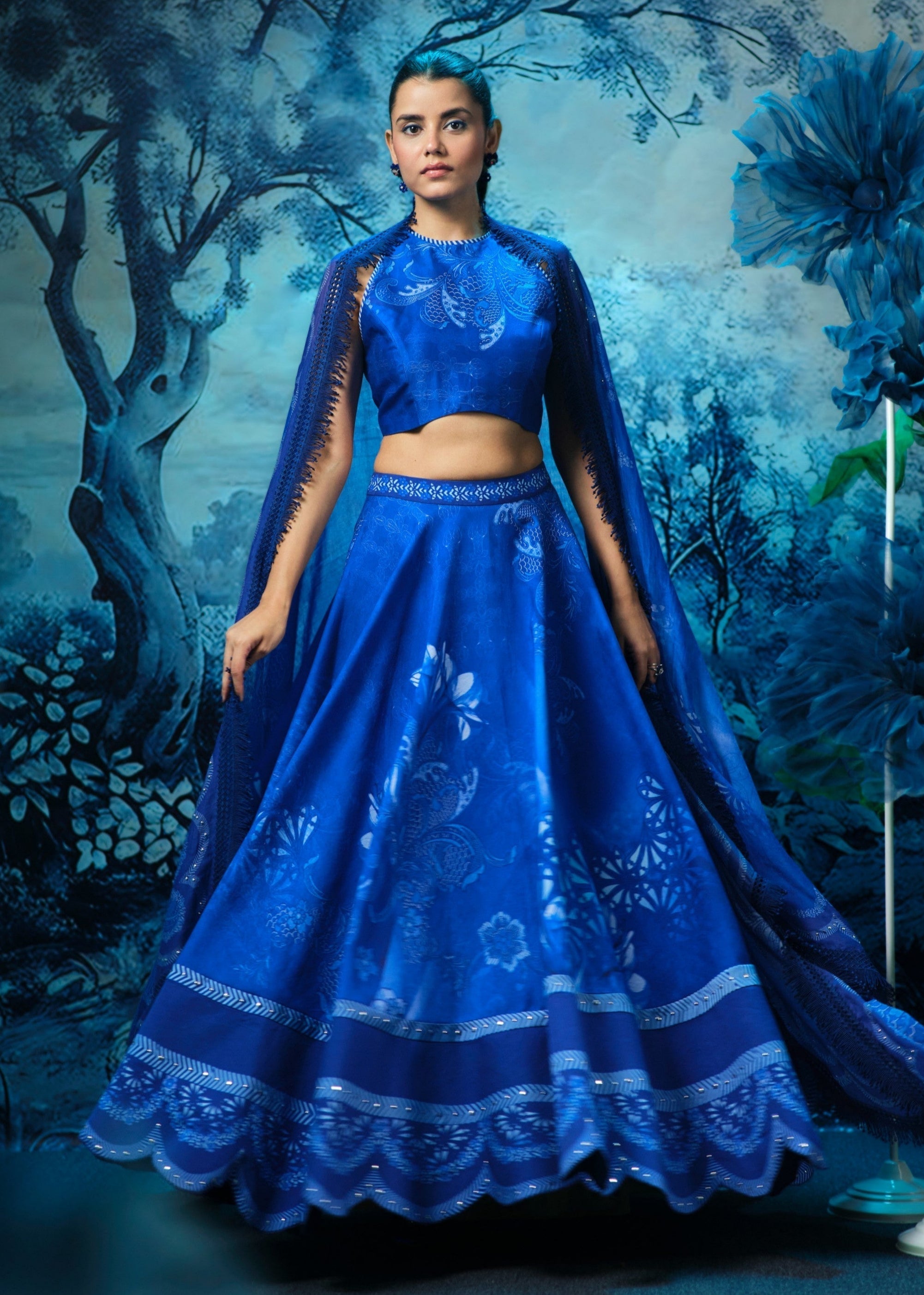 Indigo Lehenga with Printed Halter Neck Blouse and Dupatta