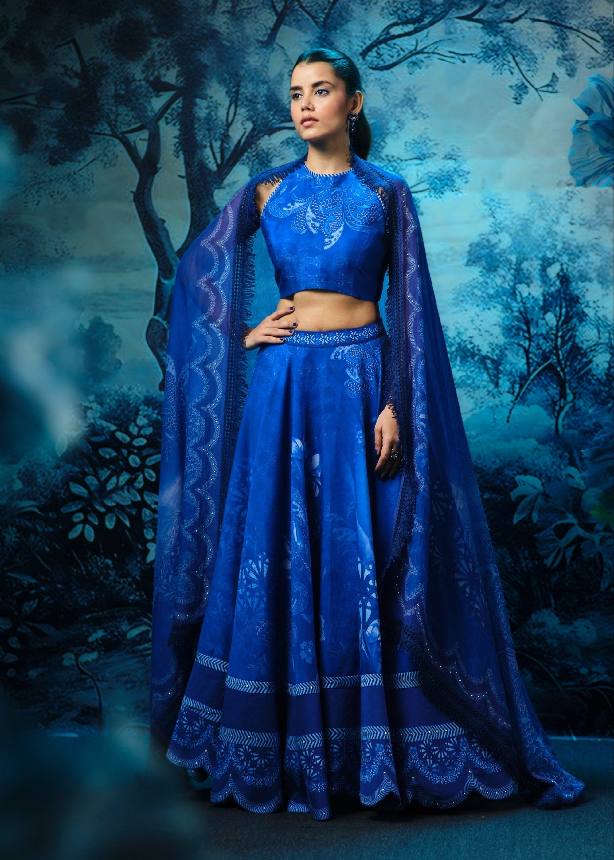 Indigo Lehenga with Printed Halter Neck Blouse and Dupatta