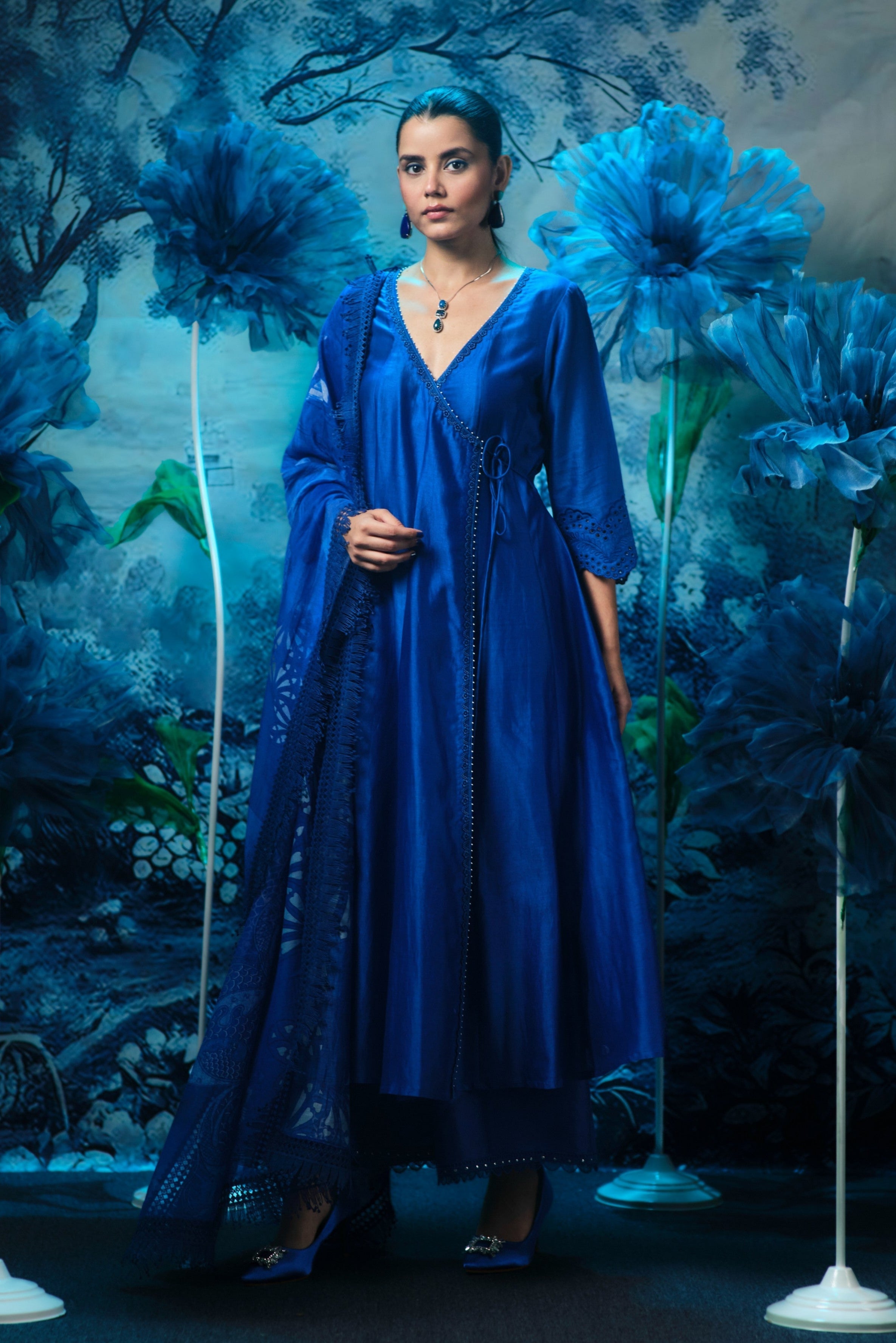 Indigo Anarkali Set with Printed Dupatta