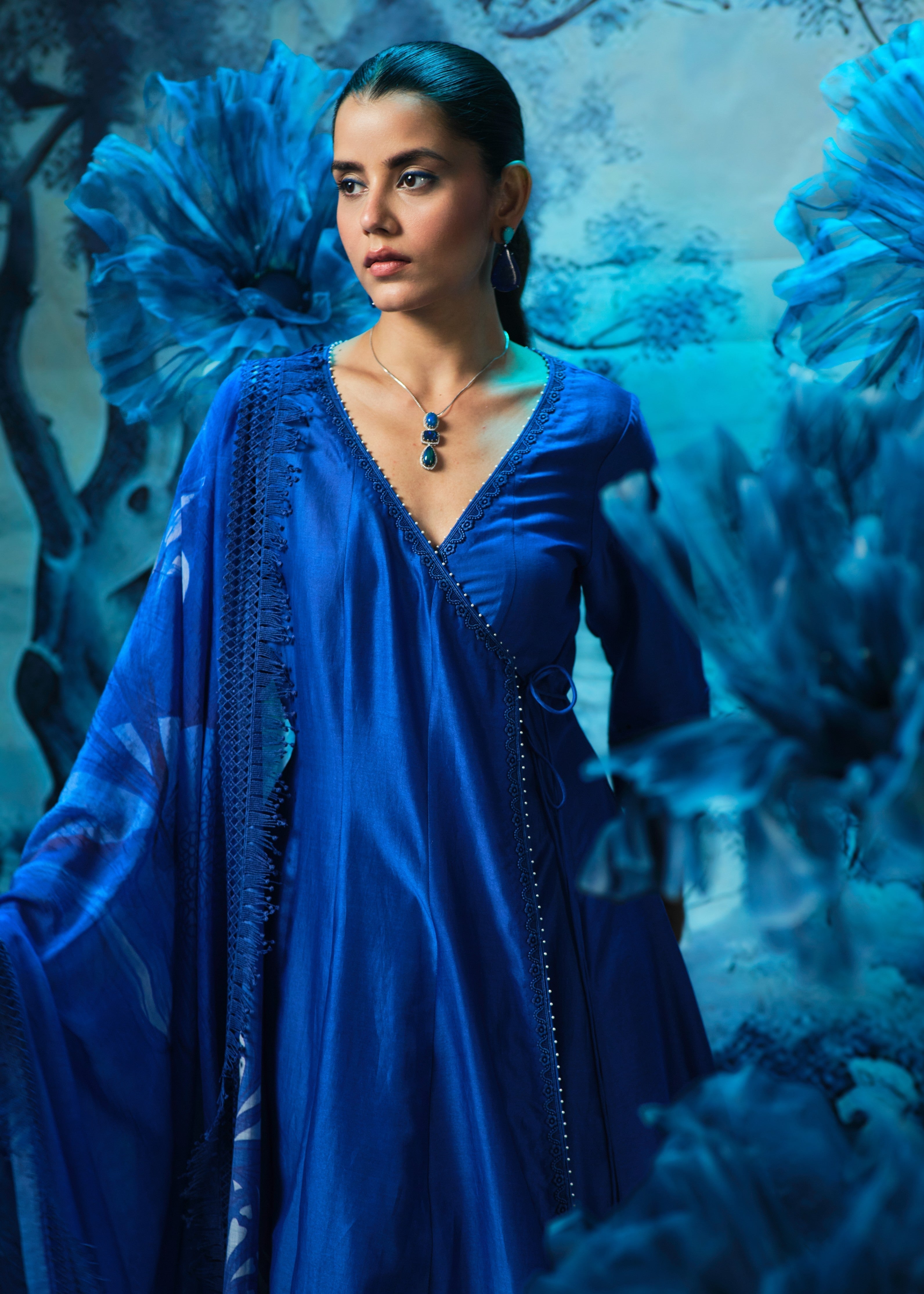 Indigo Anarkali Set with Printed Dupatta