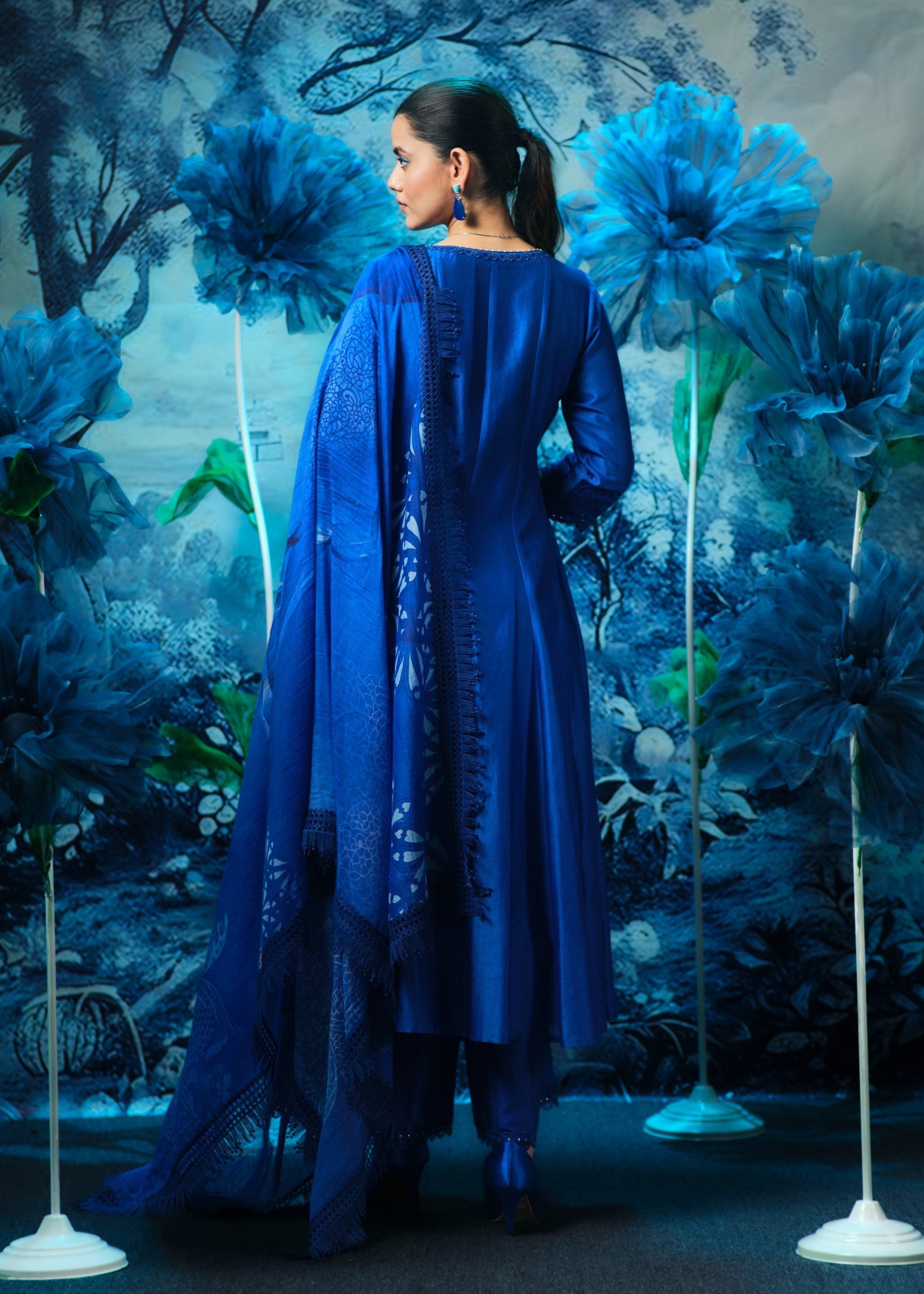 Indigo Anarkali Set with Printed Dupatta