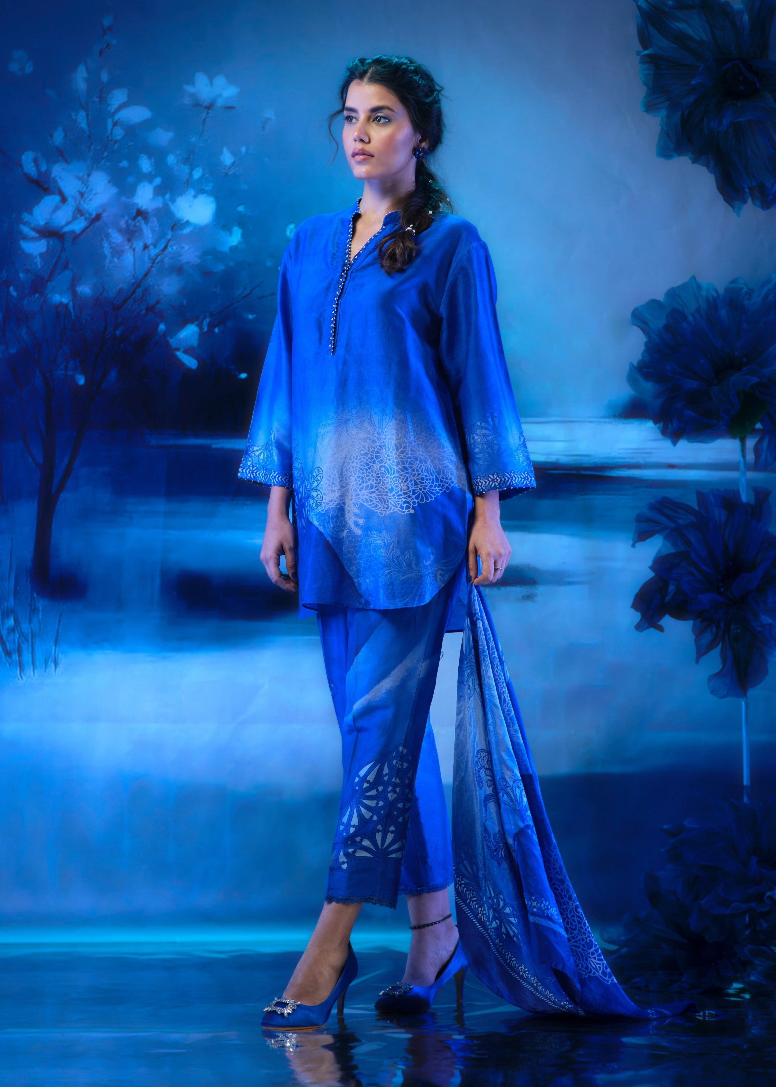 Indigo Co-ord Ensemble With Iris Pant & Scarf