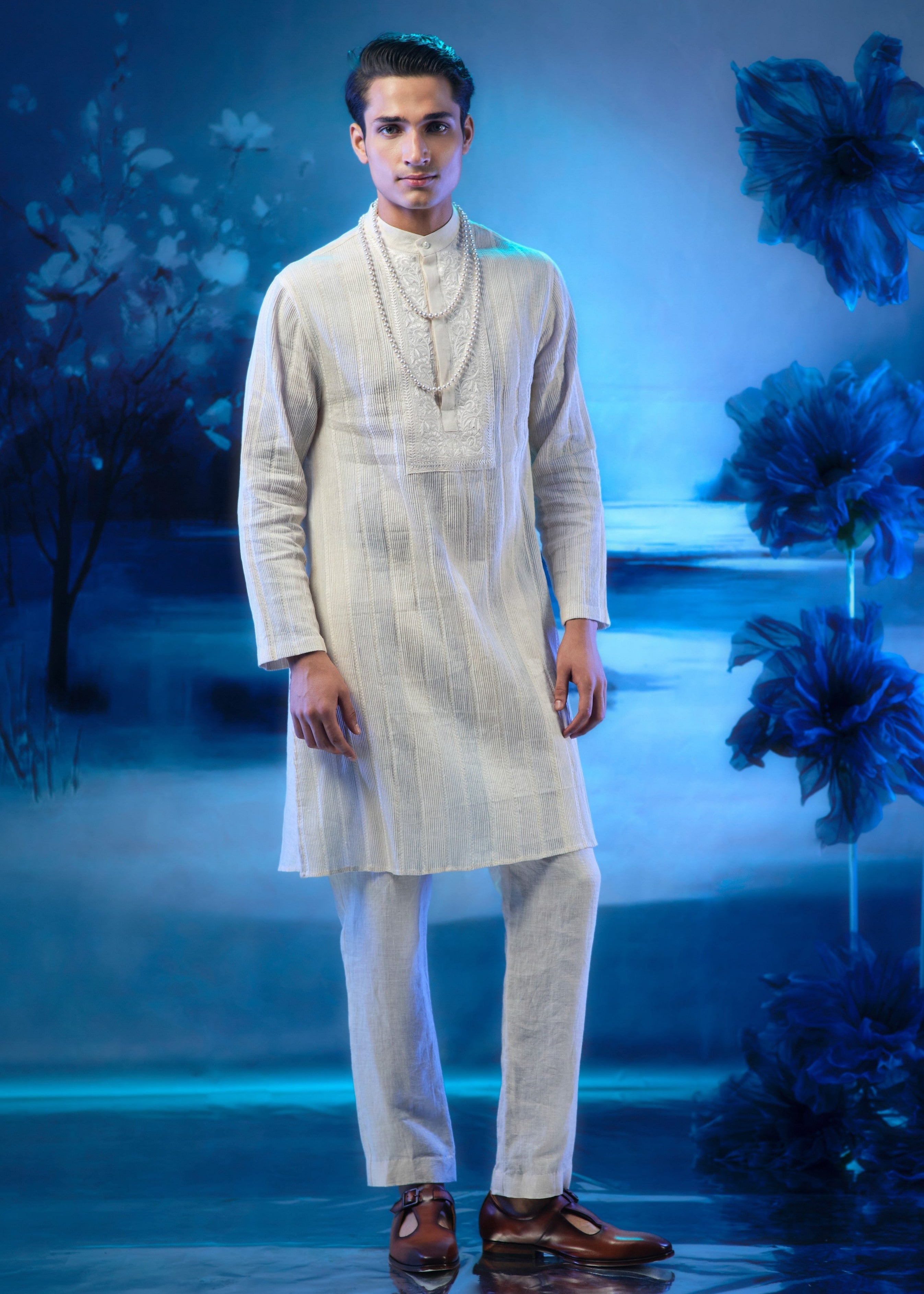Front Full Pintuck Ivory Embroidered Kurta With Pant