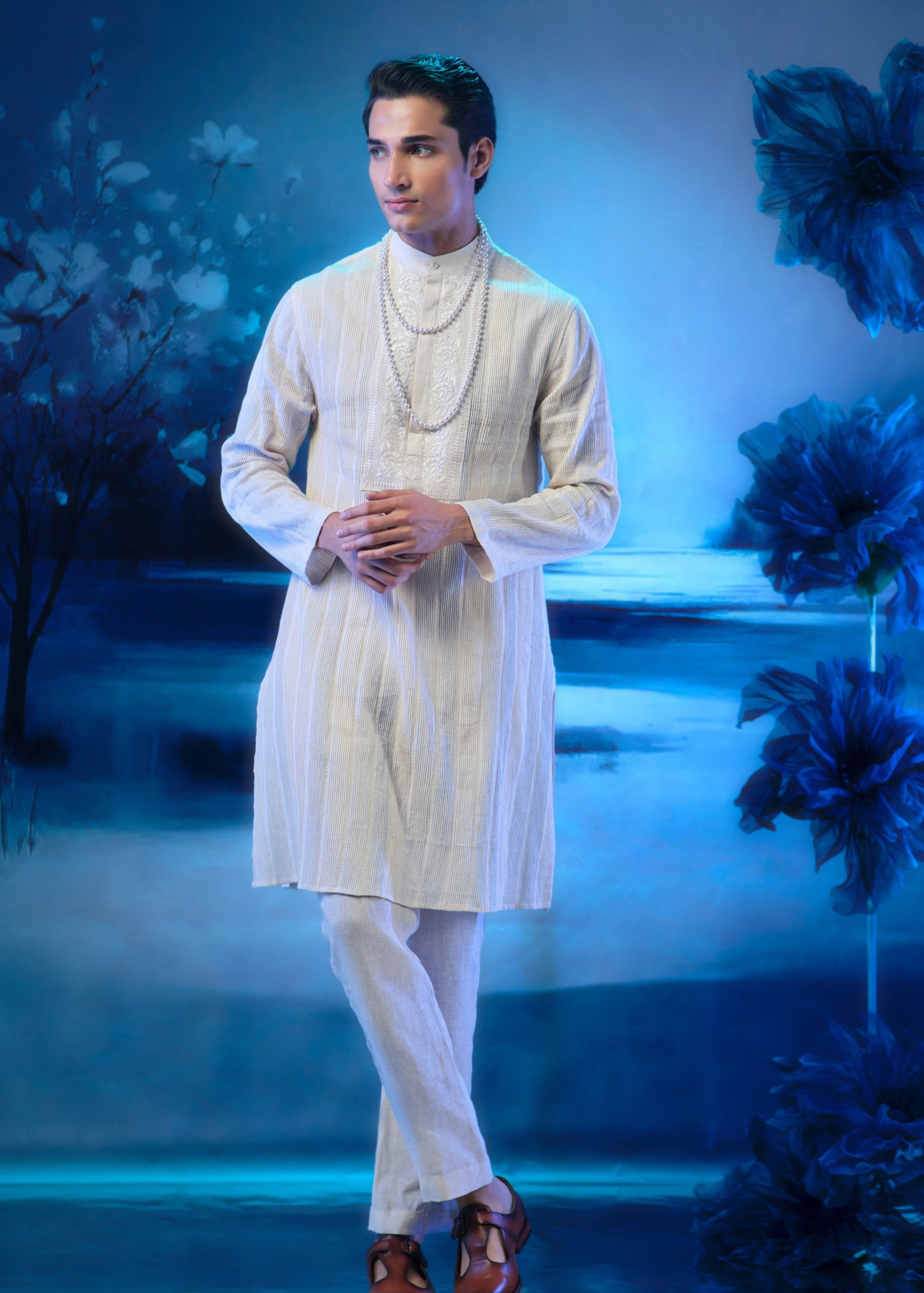 Front Full Pintuck Ivory Embroidered Kurta With Pant