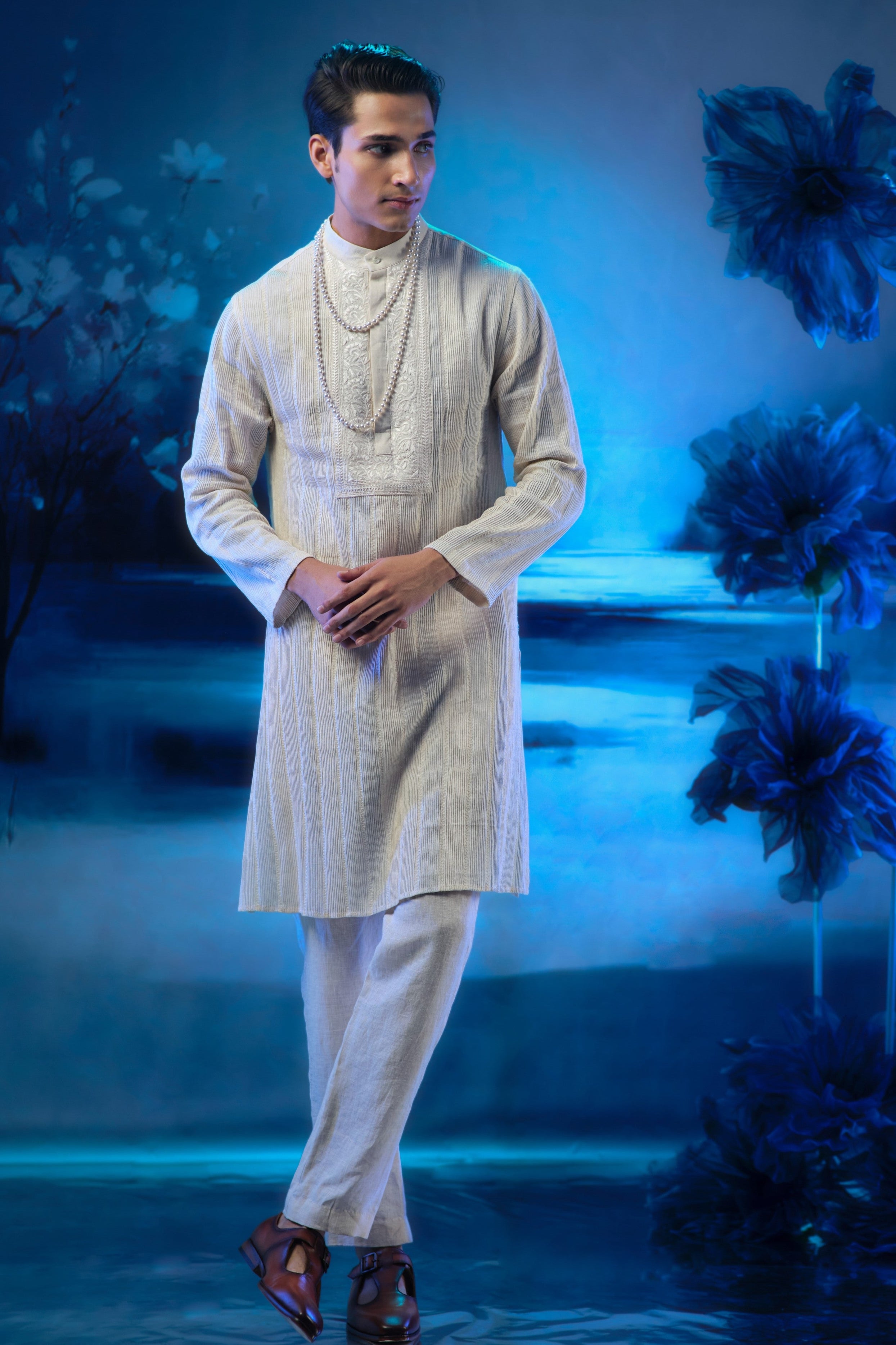 Front Full Pintuck Ivory Embroidered Kurta With Pant