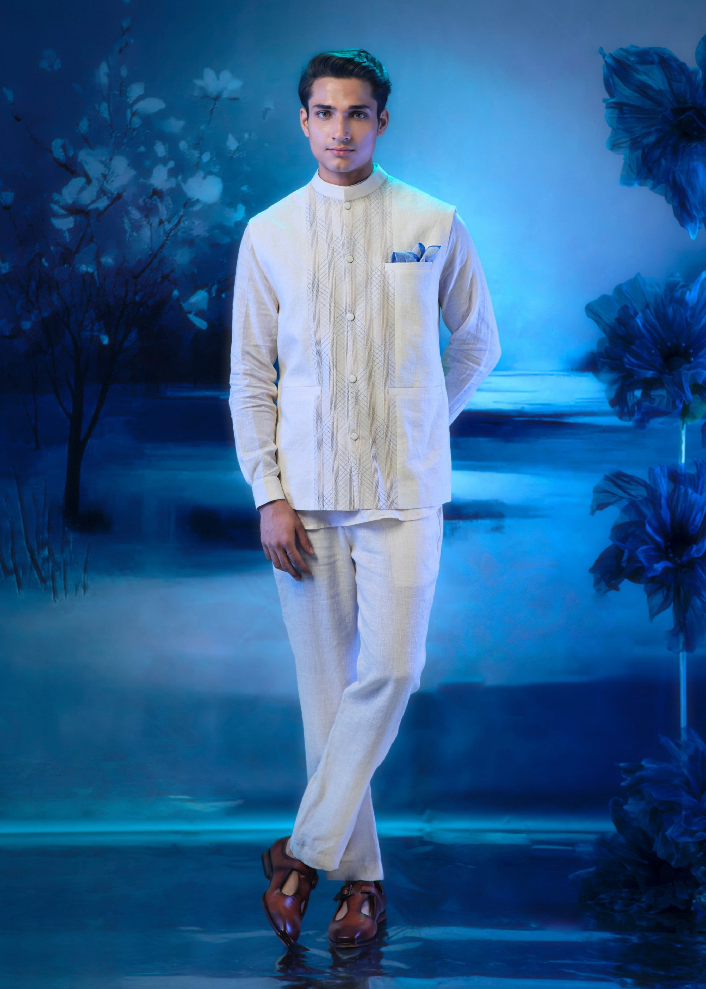 Ivory Pintuck Nehru Jacket with Short Length Kurta and Pant