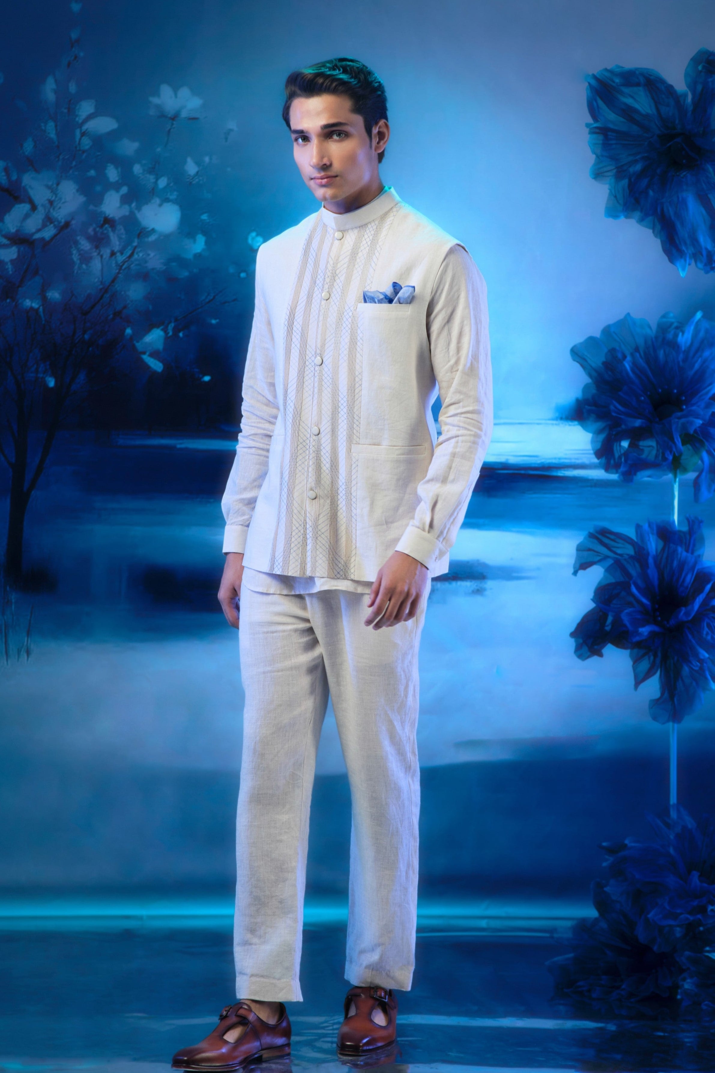 Ivory Pintuck Nehru Jacket with Short Length Kurta and Pant